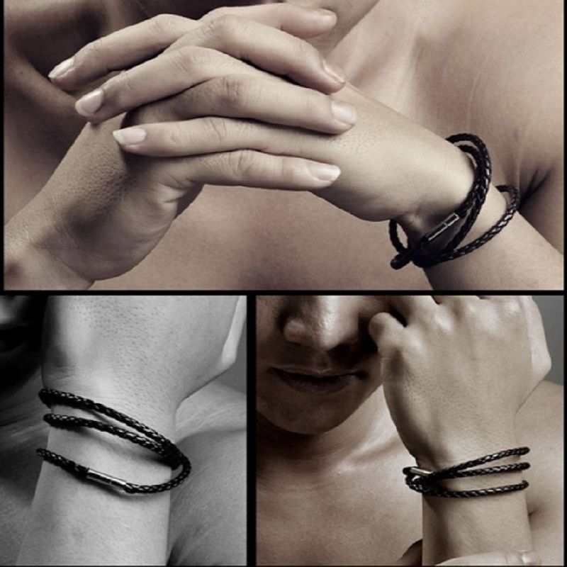 Men Leather Stainless Steel Wristband Bracelet