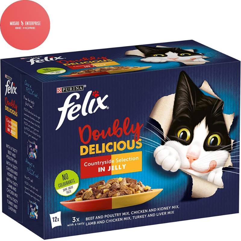 Felix Cat Food Jelly, Doubly Delicious Meaty Selection With Beef, Chicken, Lamb & Turkey 100gm (12 Sachets Box)
