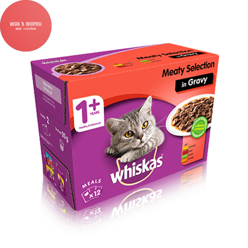 Whiskas Cat Food Jelly, 1+, Meaty Selection In Gravy (3 Lamb, 3 Poultry, 3 Beef & 3 Chicken), Box of 12 Sachets, 100gm Each