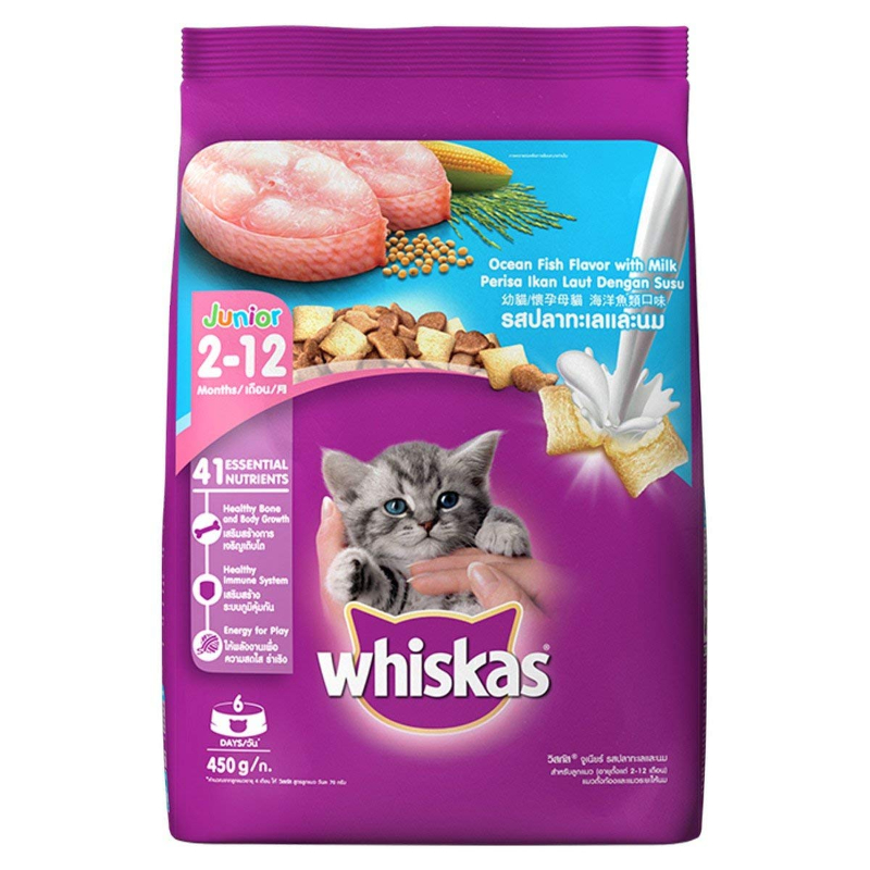 Whiskas Kittens (2-12 Months Cats) Complete Dry Cat Food Biscuits, Ocean Fish with Milk, 450gm