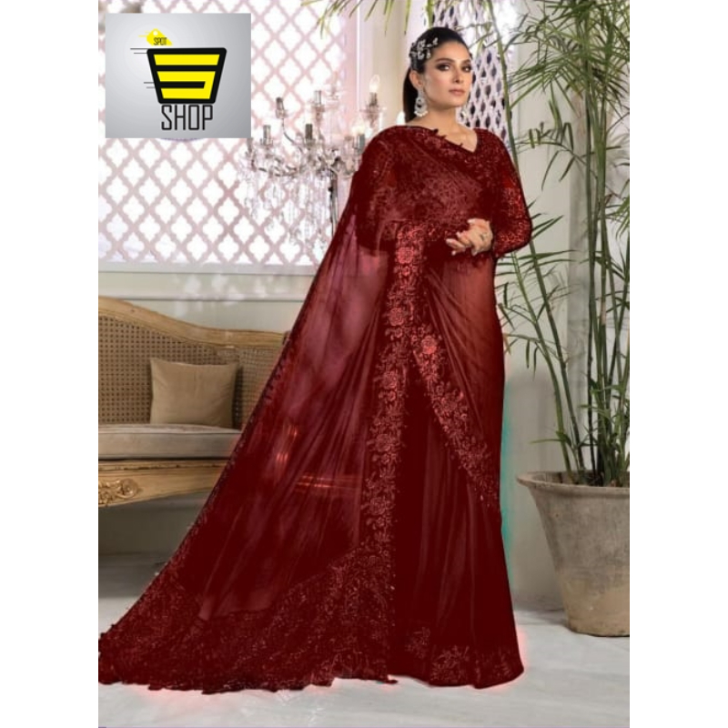 Fancy Maroon Heavy Organza Embroidery Saree For Women