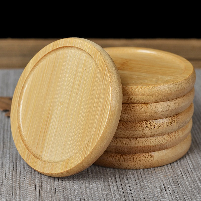 6PCS Round Shape Wooden Bamboo Coaster for Glass,Tea Cup Glass Bamboo Wood plates, Round Bamboo Tray for mini Modern Ceramic Flower Pot, Planter Pot Tray