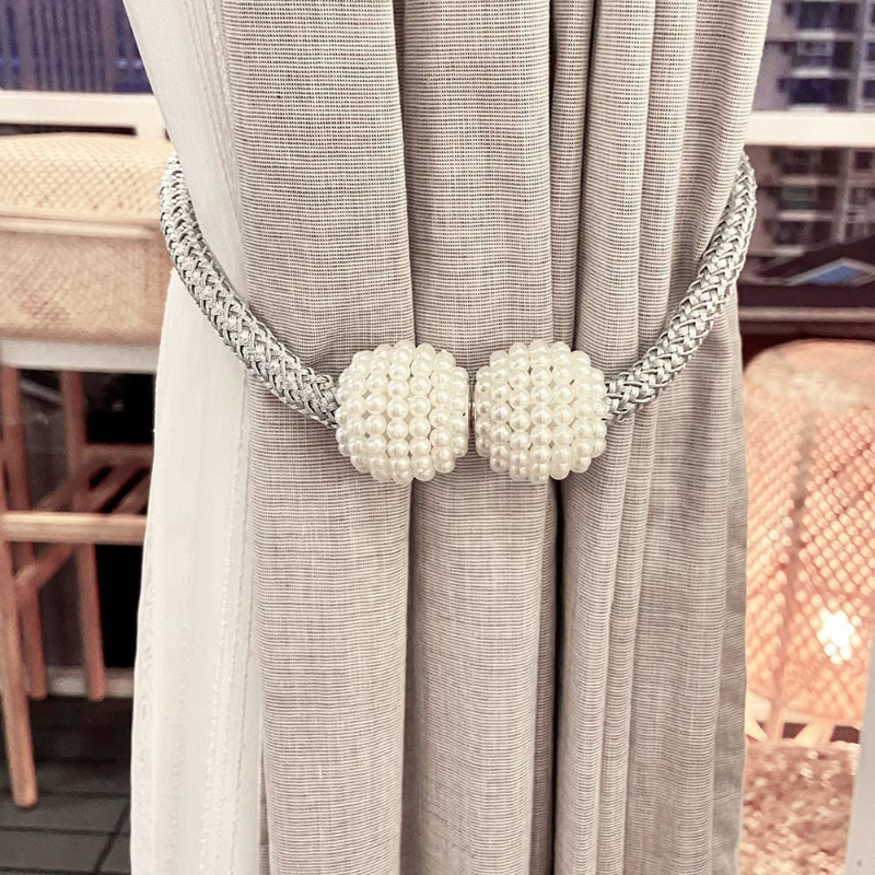2pcs Curtain Tiebacks Draperies Pearl Magnetic Tiebacks Braided Straps Ball Buckles Punch Free Curtains Hold Clips Curtain Accessories