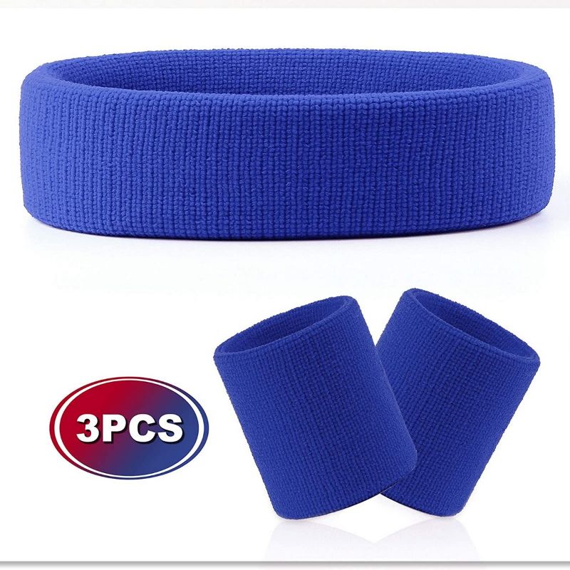 Blue Outdoor Fitness Sports Sweatband Headband Yoga Gym Unisex Head Band and Wrist Band - Pack of 2