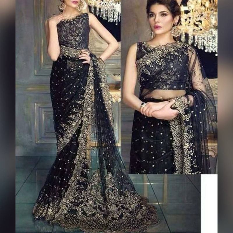 Chiffon Bridal Embroidered Saree (Unstitched)