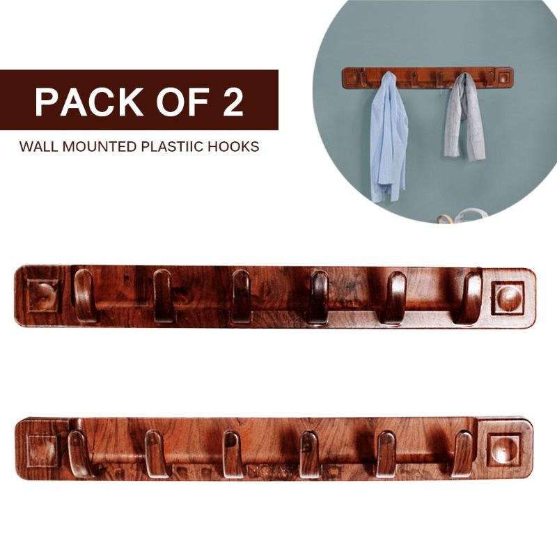 Pack of 2 Wall Mount 6 Hooks 15-Inches Wood Style Cloth Hook Coat and Hat Rack