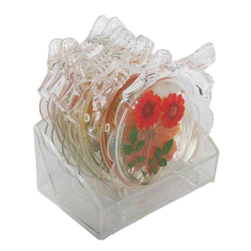 6Pcs Real Flower Acrylic Crystal Modern Style Cup Mats with Holder Set