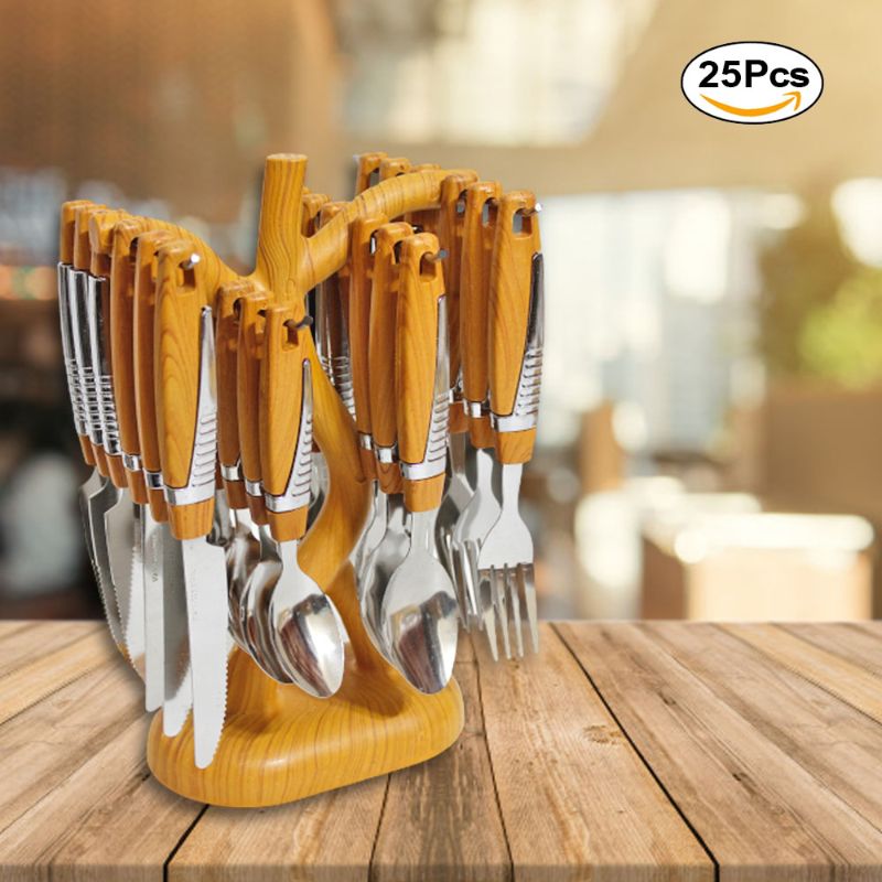 24 Pcs Cutlery Set with Wooden Handle