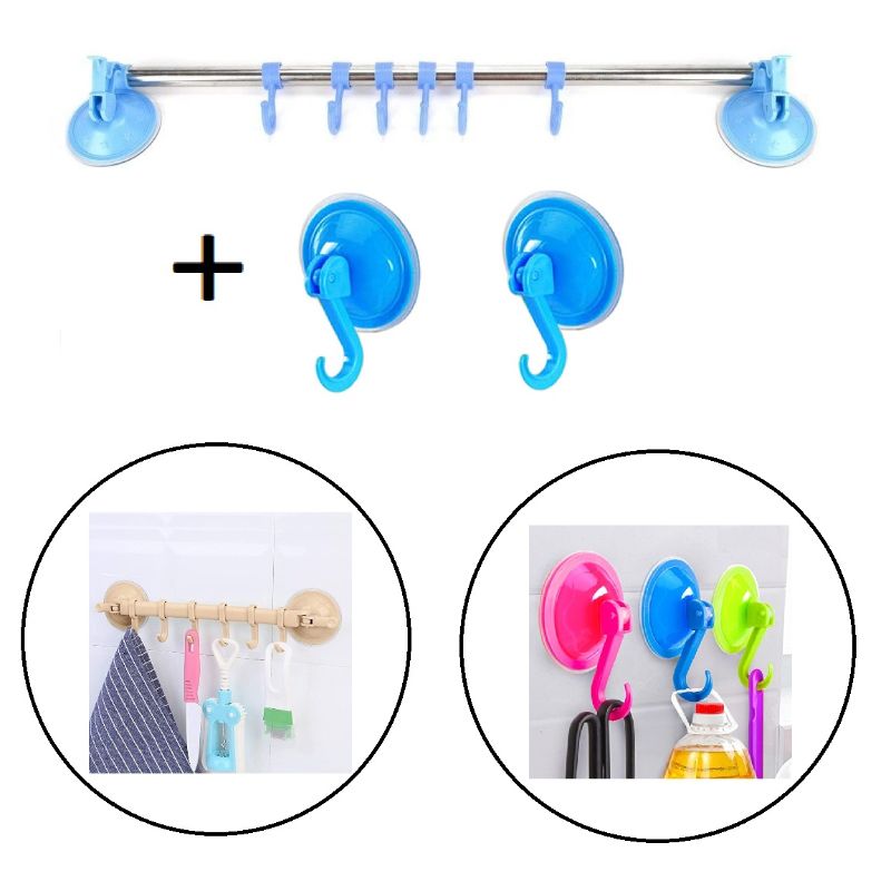 Wall Mounted Stainless Steel Suction Cup 6 Hook Hanger With 2 Suctions Hooks For Kitchen, Bathroom & Bedroom – Assorted Color
