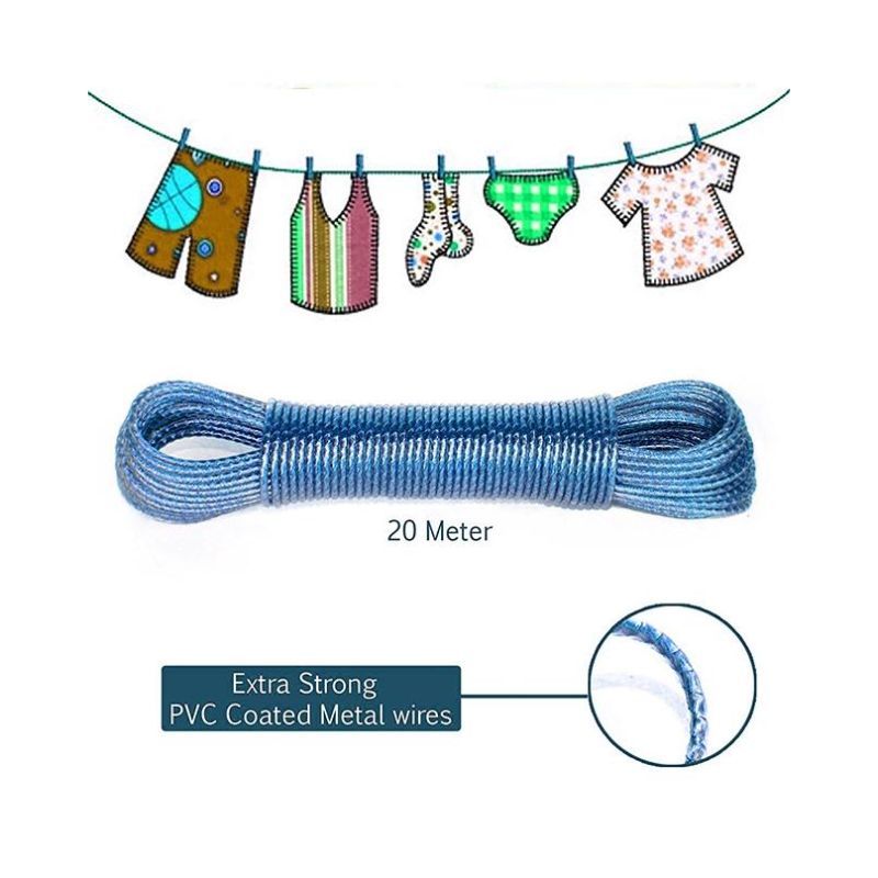 Heavy Duty Wet Cloth Laundry Rope PVC Coated Metal Cloth Drying Wire - 20 metres Blue