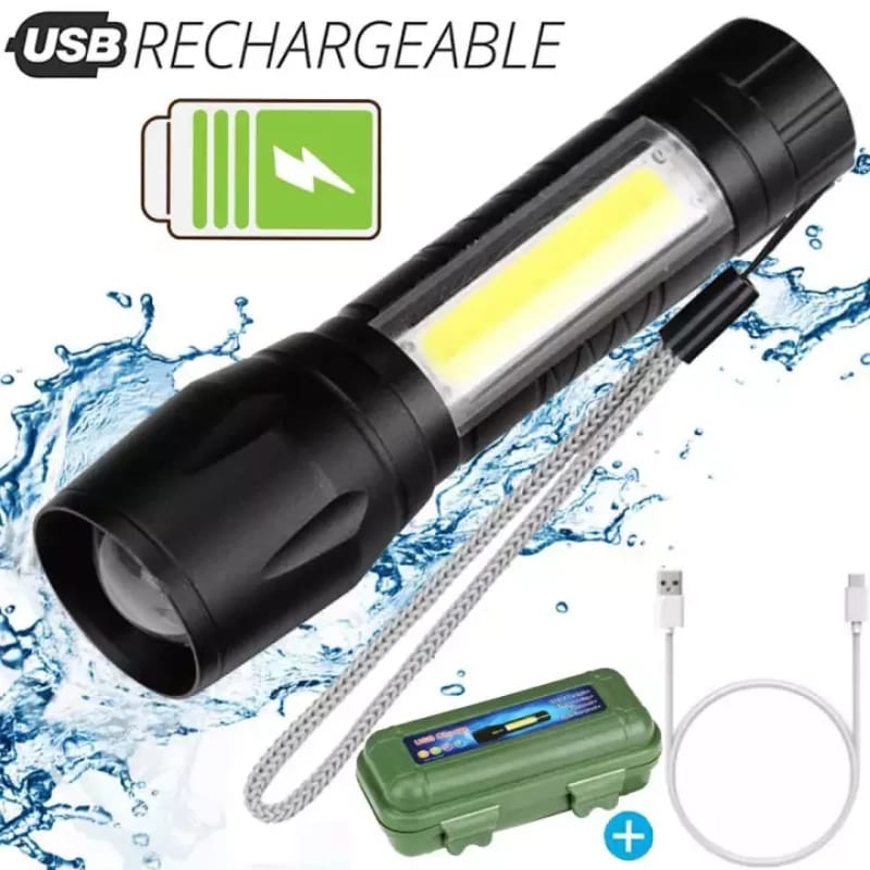 Usb Charging Powerful Flashlight 3800Lm Xpe Cob Flash Light Zoomable Torch Lamp+Battery+Box