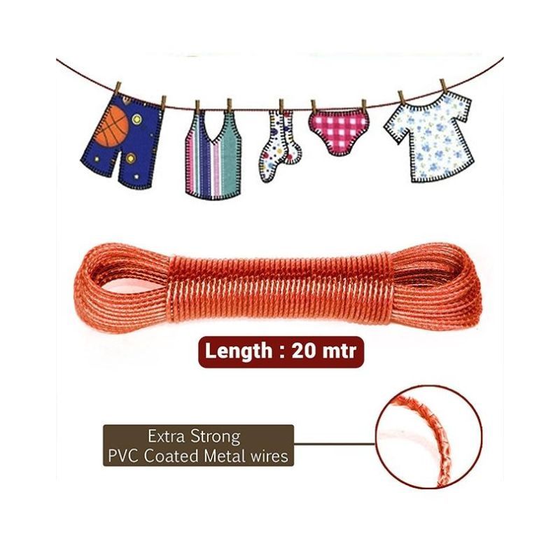 Heavy Duty Wet Cloth Laundry Rope PVC Coated Metal Cloth Drying Wire - 20 metres Red
