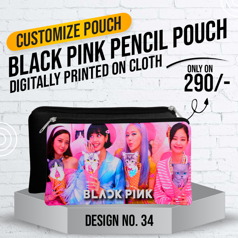Black Pink Pencil Pouch (Digitally printed on Cloth) D-34