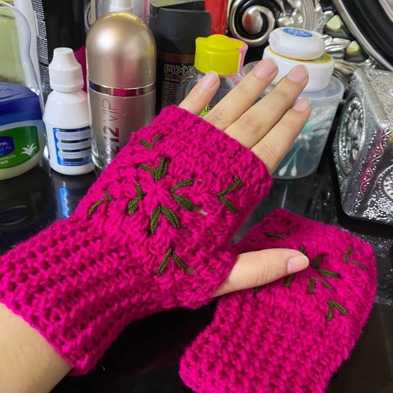 Crochet Fingerless Gloves for Winter Handmade - Shocking Pink Color