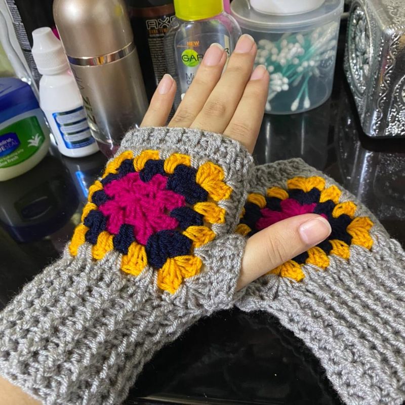 Crochet Fingerless Gloves for Winter Handmade - Grey Color