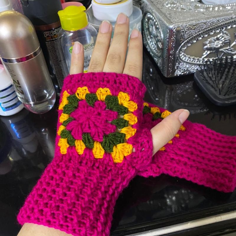 Crochet Fingerless Gloves for Winter Handmade - Shocking Pink with Yellow Color