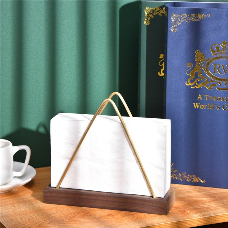Metal Napkin Holder. Stylish Modern Unique Original napkin holder. standing napkin holder, Tissue Holder/ Dinning Decoration, Classic Mouse Napkin Holder / Paper Napkin Holder for Table with Gold Triangle Design & Solid Mango Wood Base