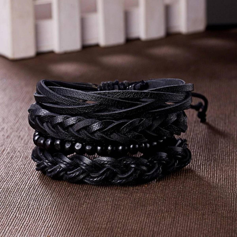 Vintage Leather Beaded Bracelets for Men 4pcs/Set Black Braided Bracelets