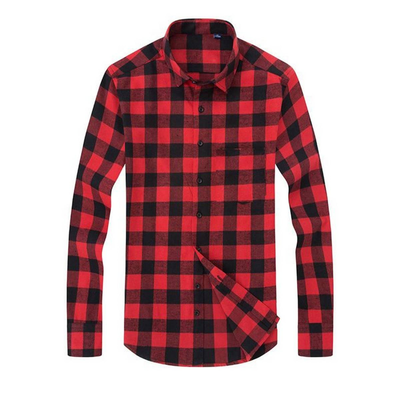 New Men Plain Shirt Casual Long Sleeve Cotton Check Shirts Red/Black