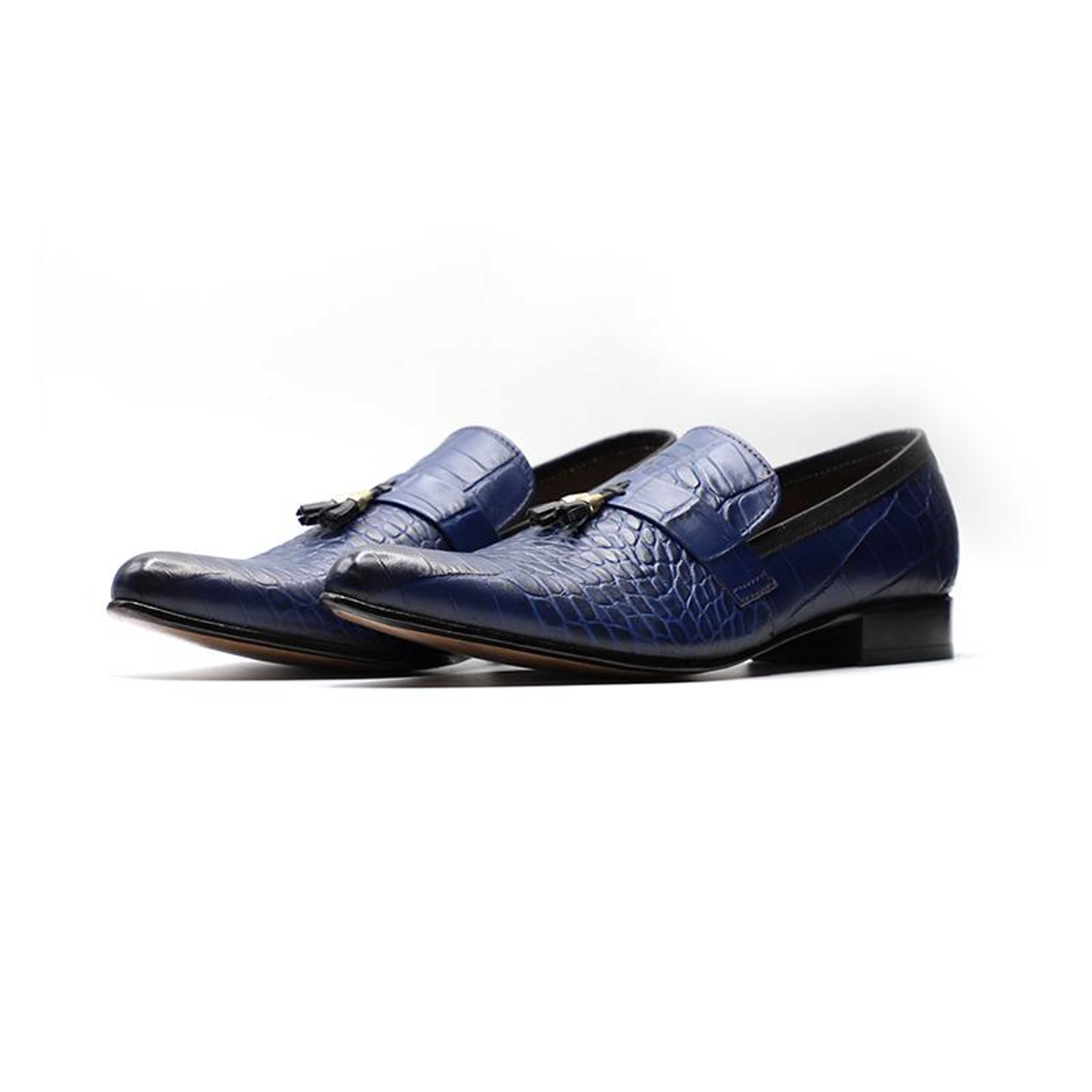 Calfskin Leather Shoes Blue Color Crocodile Skin Style (LFR010) - Product Main Image