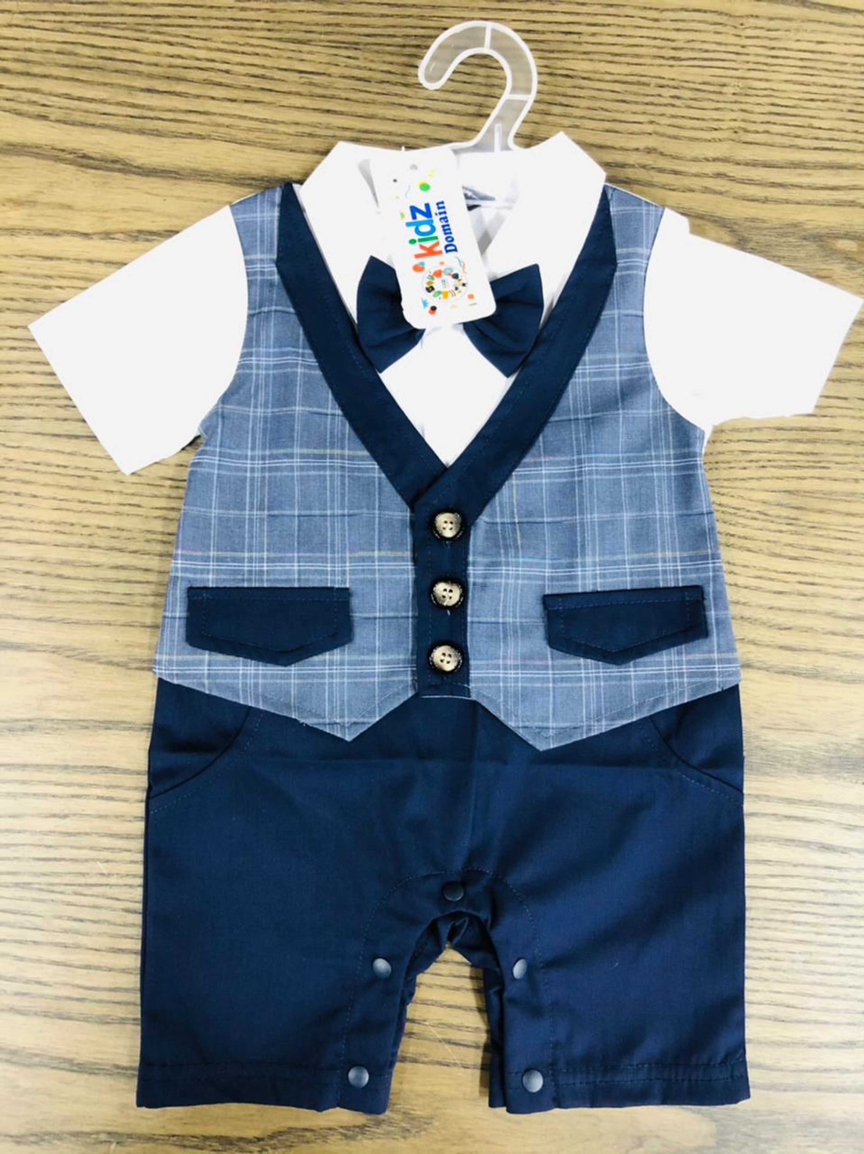 blue check baba romper 3 to 9 months