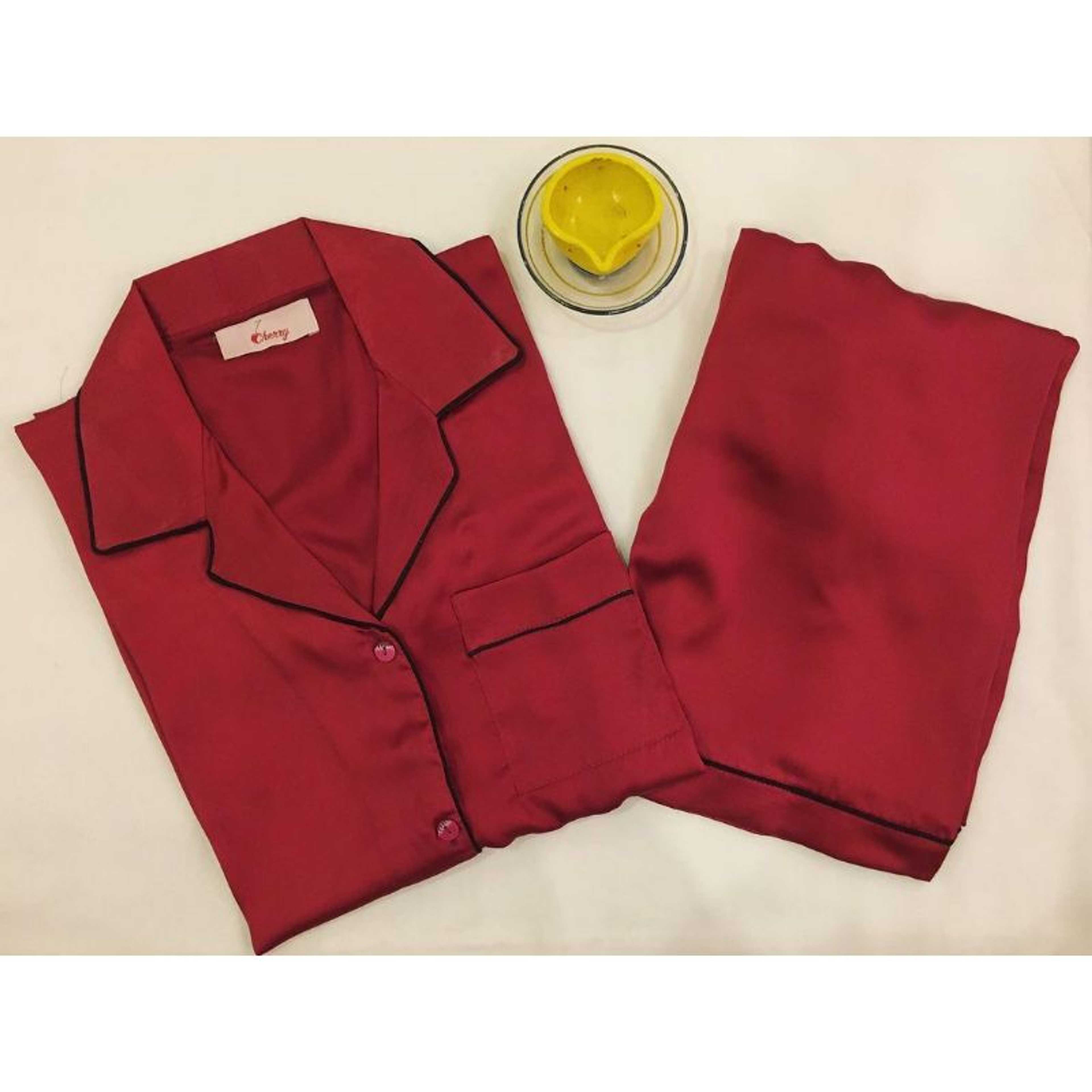 Maroon  Collared shirt and pjs in Silk.