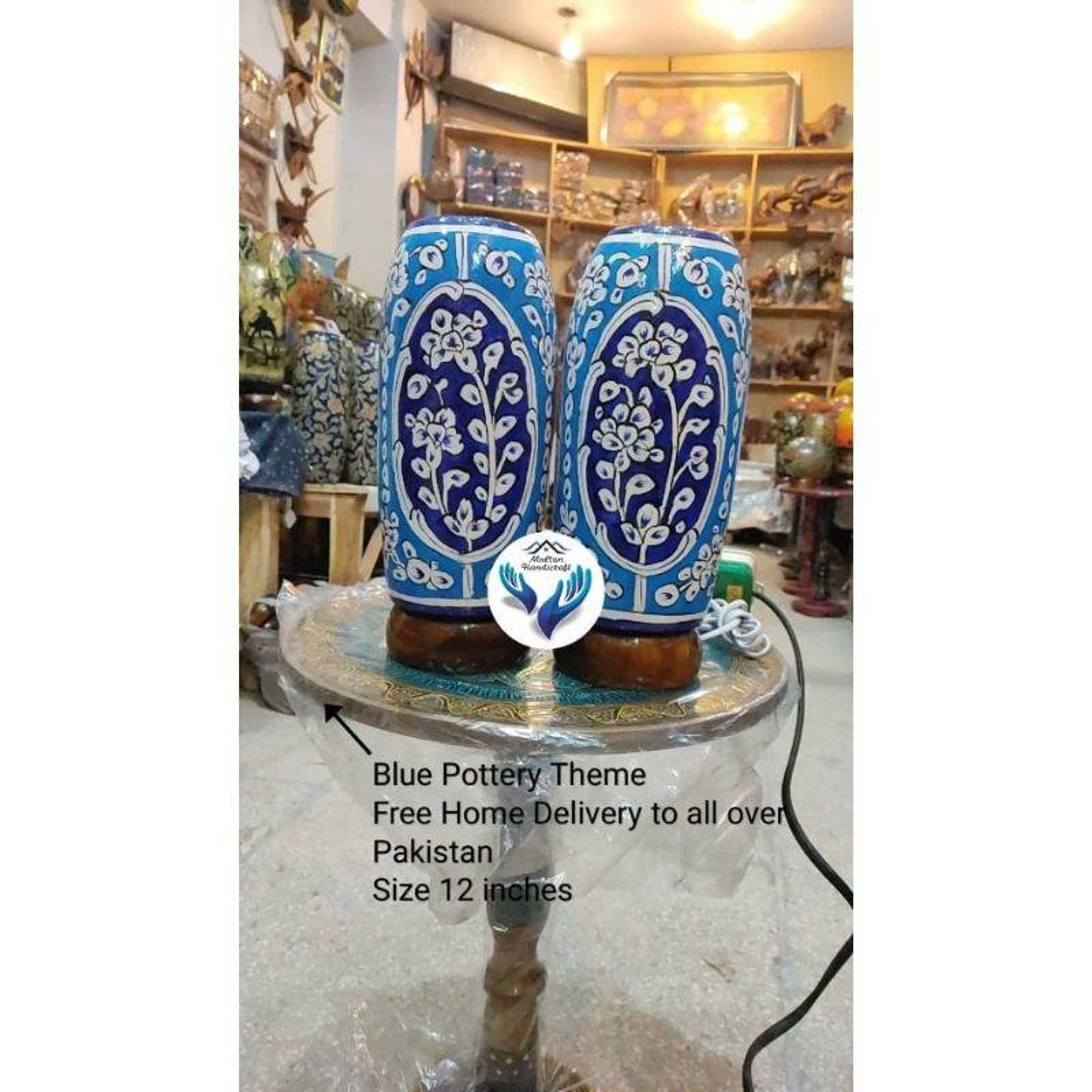 Blue Pottery Themed Table Lamps, 12 inch size