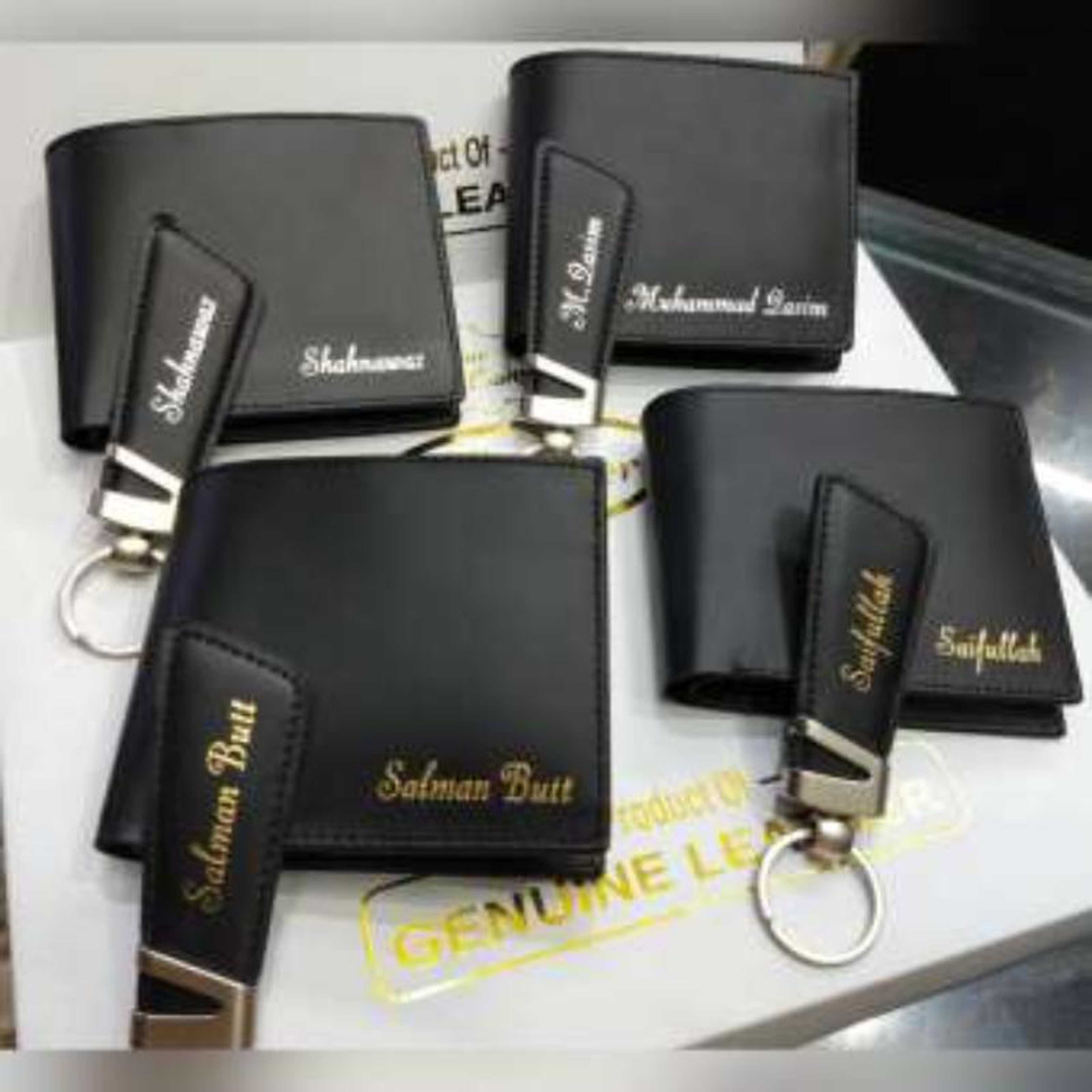 Wallet and Key Chain Leather Set (Customised Name Printing)-black - Product Main Image