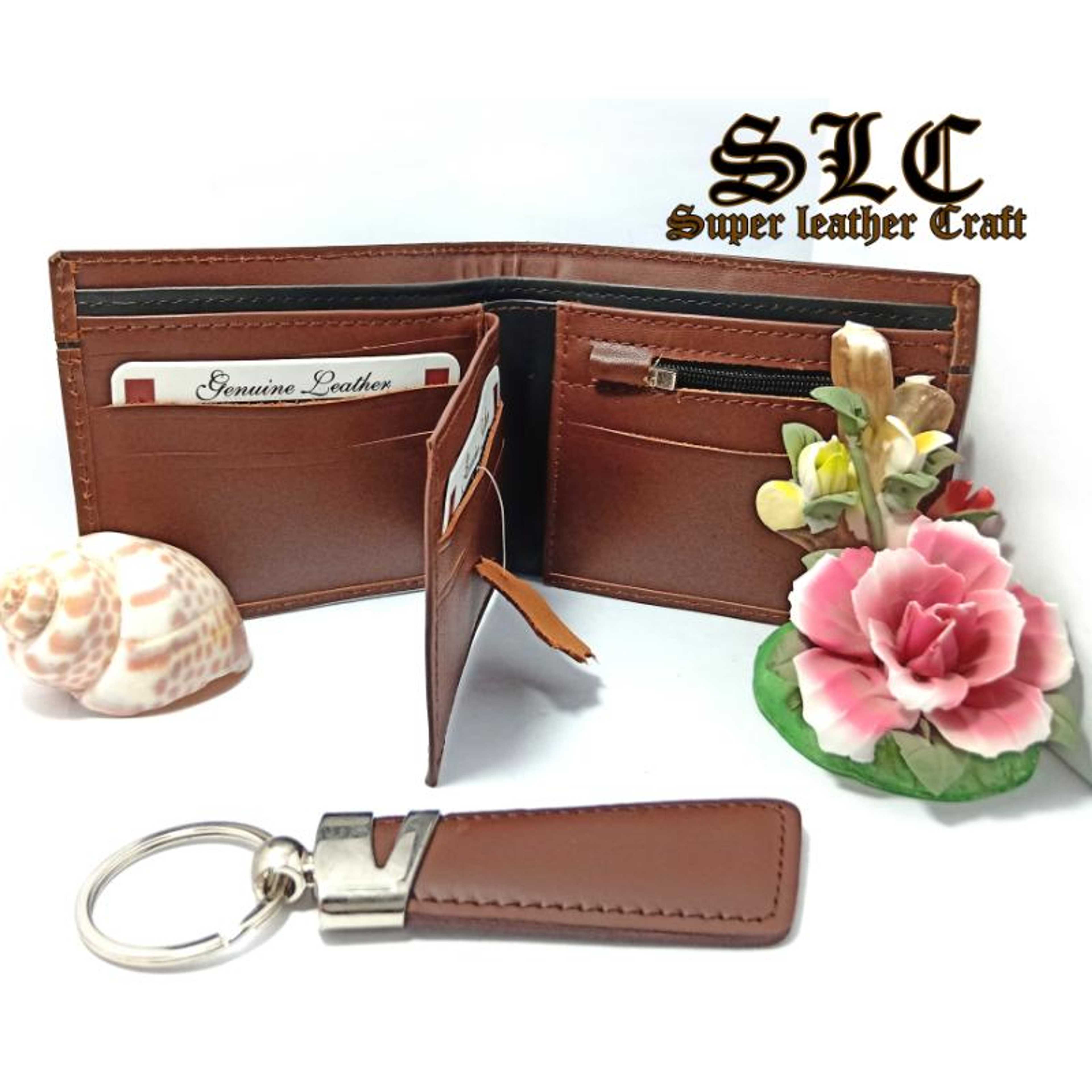 Double Colour Contrast Cow Leather Wallet and Key chain Set (Name Customised) - Product Main Image