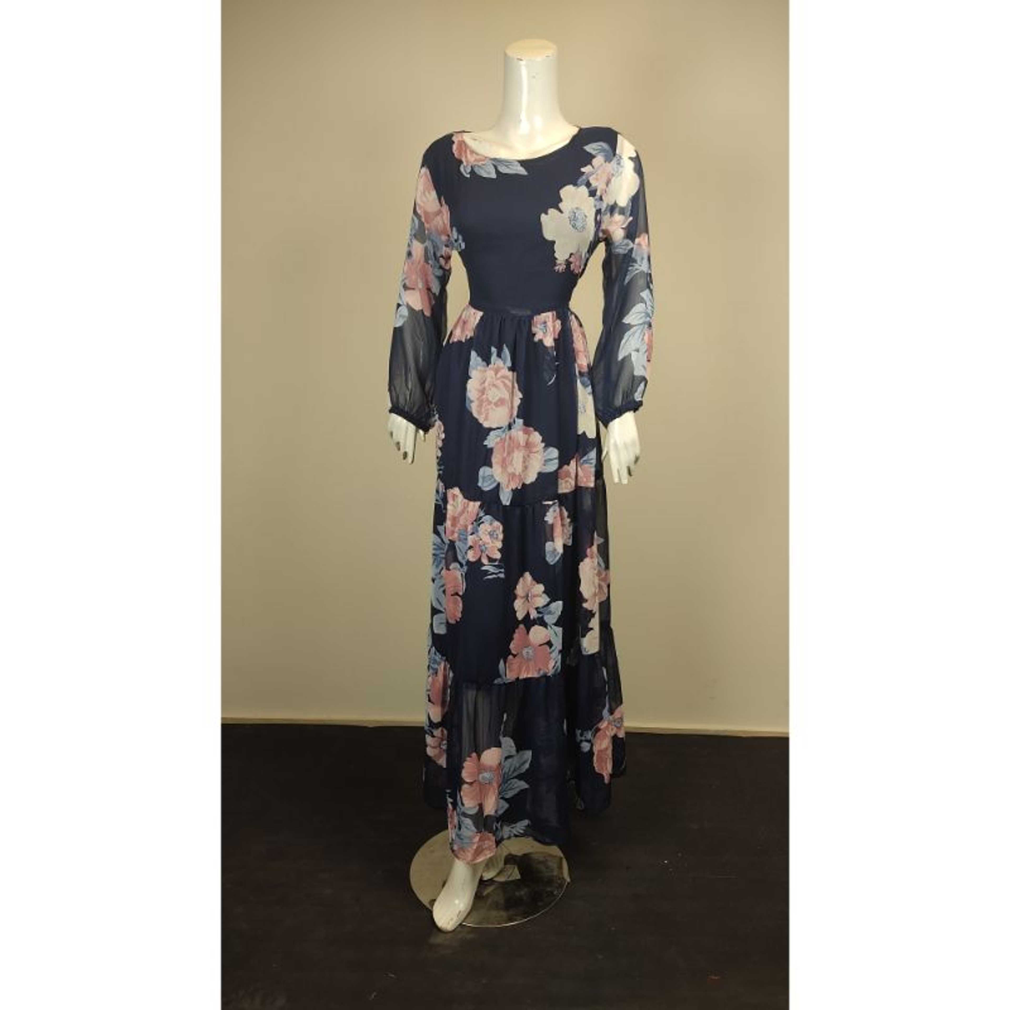 Navy Blue Floral Maxi with Pink Color Flowers