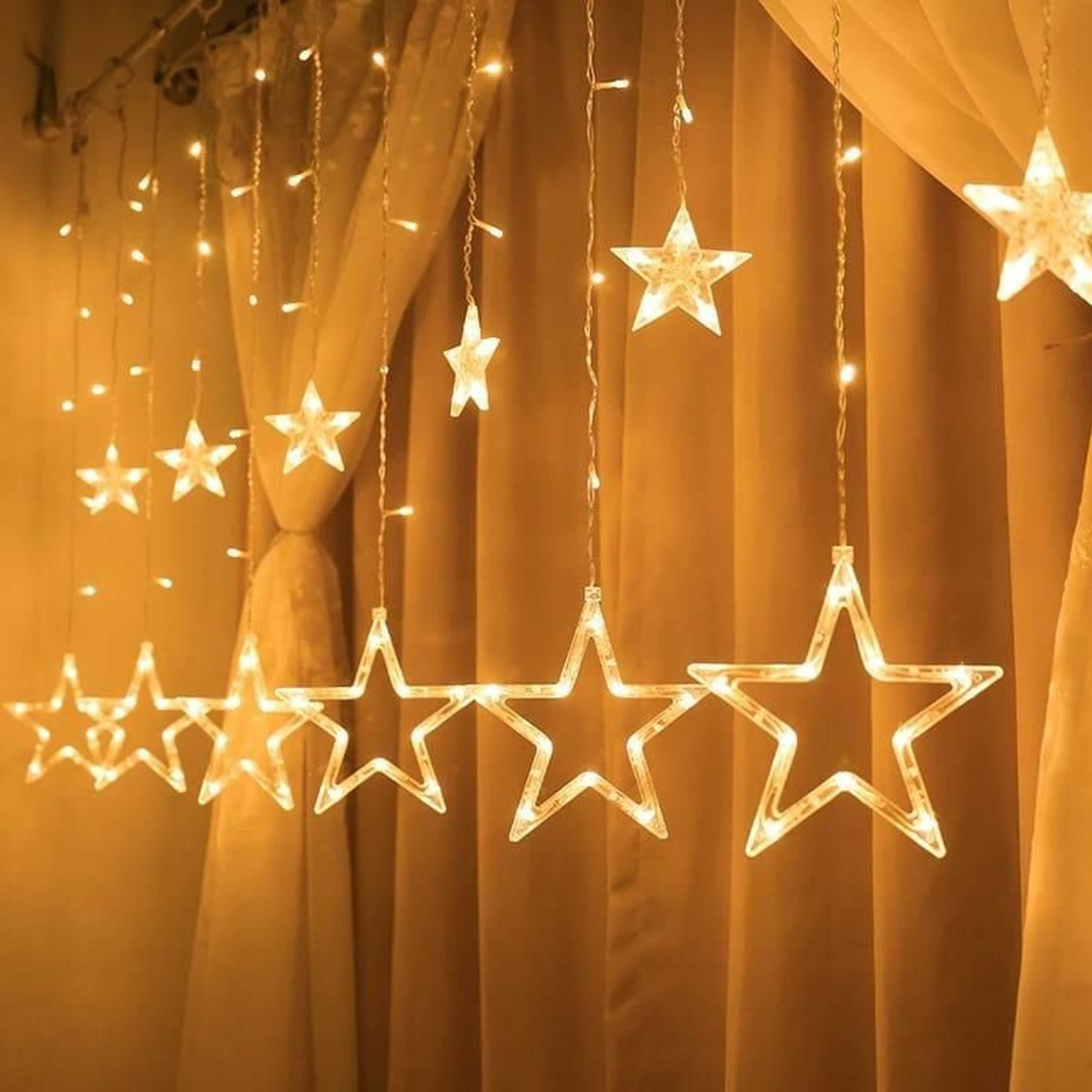 Fairy Lights Star LED Curtain String 12 Strings in 1 Curtain 6 Big 6 Small Stars Warm Golden Lights Plug one With 8 Different Modes Controller 2.5 Meters Limited Edition By Rainbow Zone