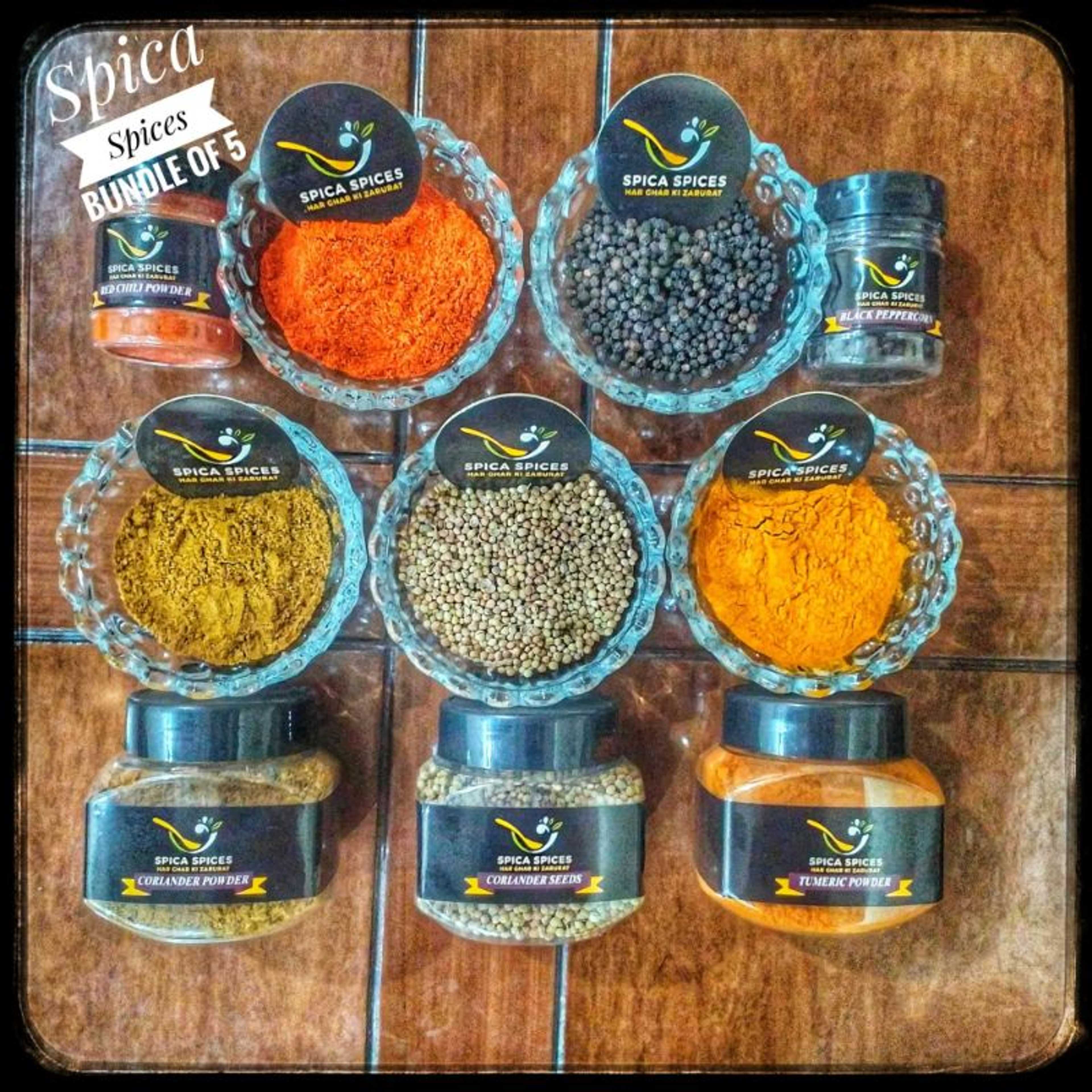 Bundle of 5 - Turmeric Powder 175grams - Coriander Seeds 125grams - Coriander Powder 150grams - Black Peppercorn 90grams - Red Chili Powder 75grams- Gross weight 615grams