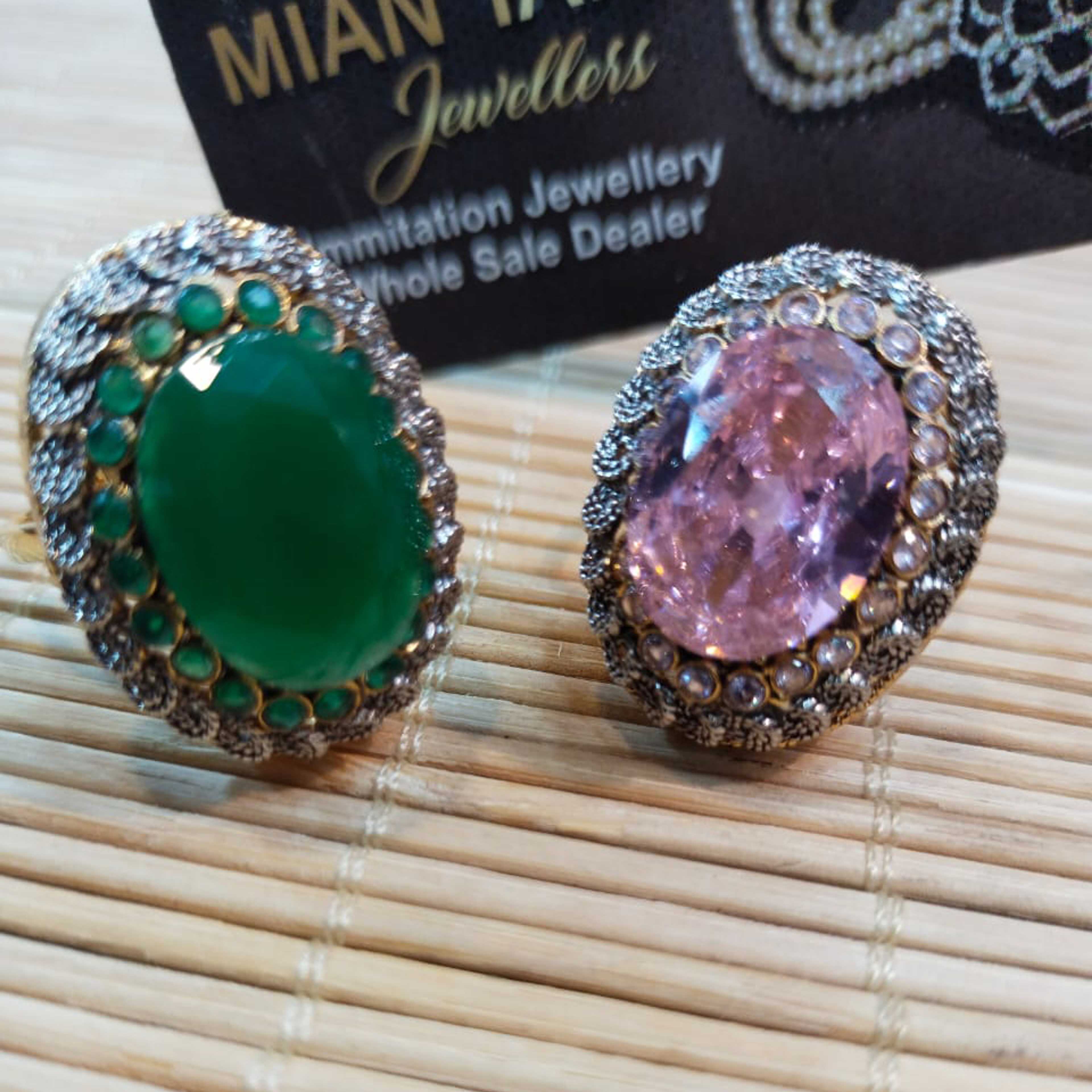Green Emerald Color Ring with Oxidized Touch and Purplish Color American Zircon Stone Ring