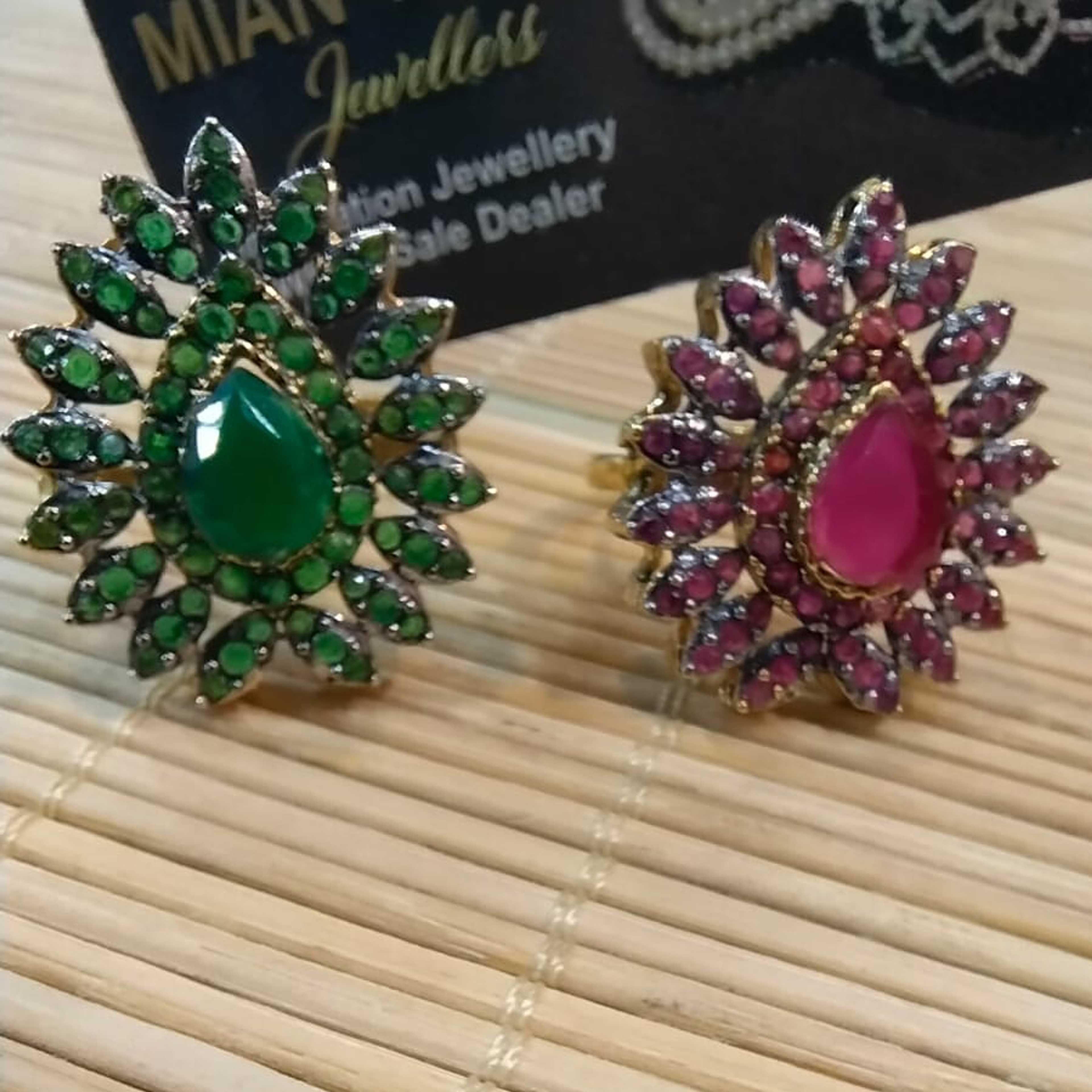 Leaf Shape Green Emerald and Red Ruby Rings