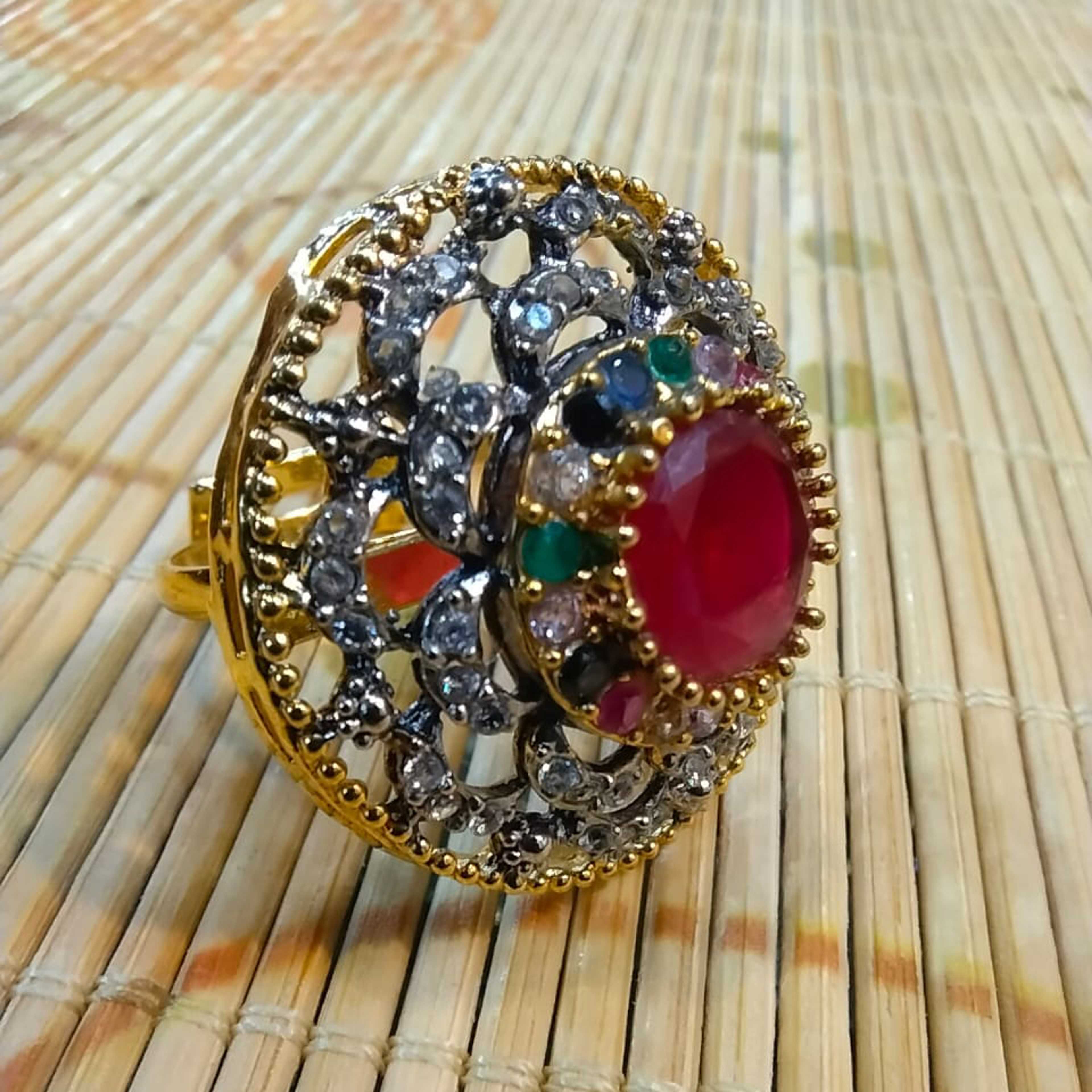 REd Ruby Stone with Multi Color Stones Ring with Oxidized Touch 