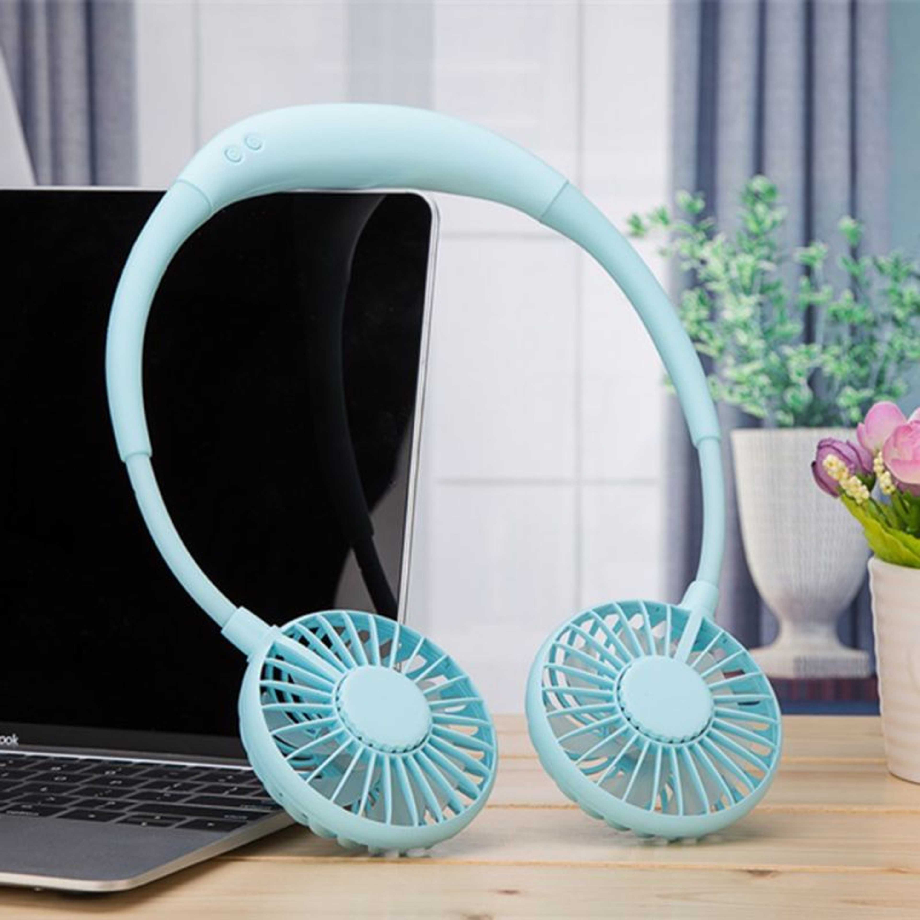 Hand Free Sports Dual Fan Portable Neck Band Hanging USB Battery Rechargeable Mini Cooler Fan With Lights