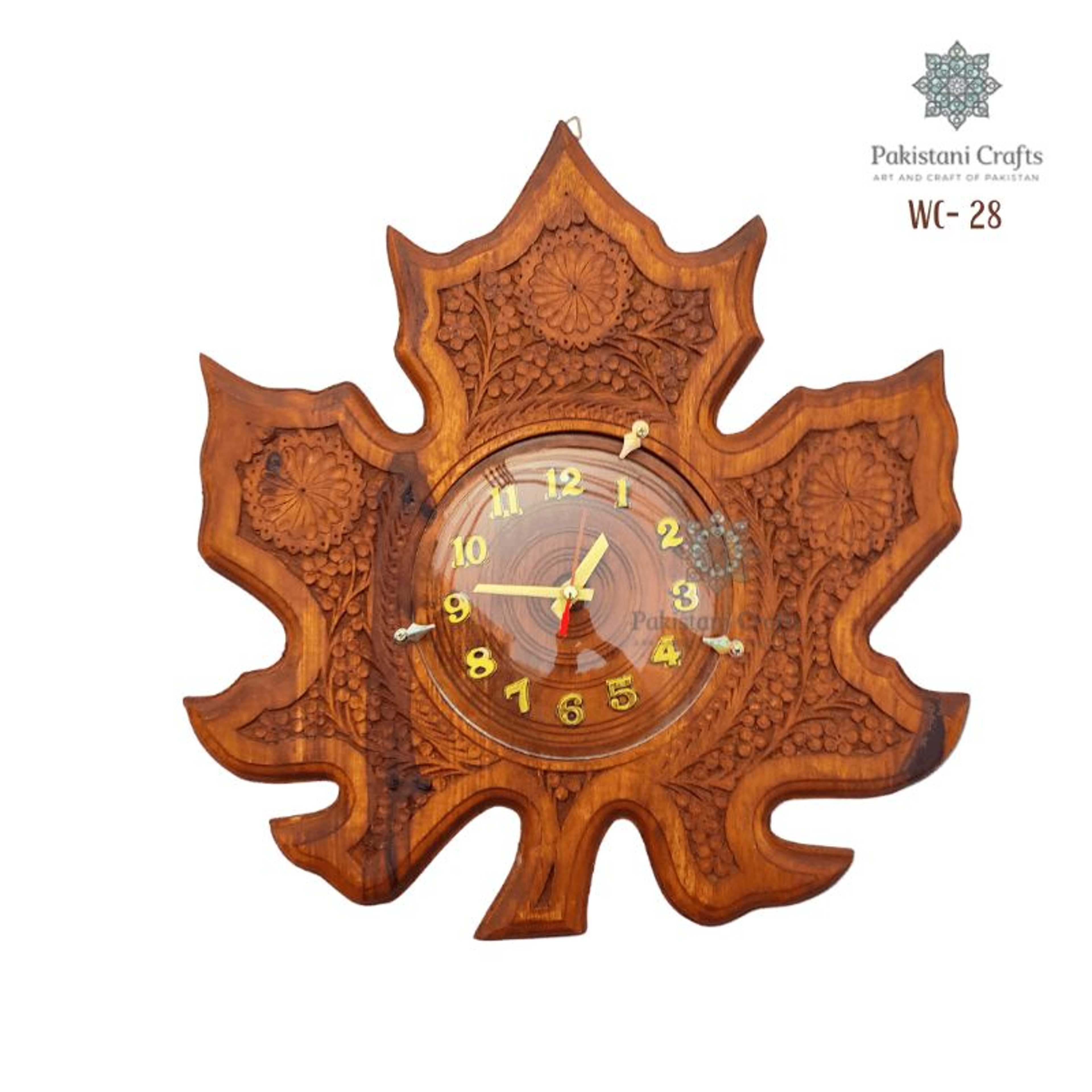 Wooden Wall Clock Maple Leaf Carving Style