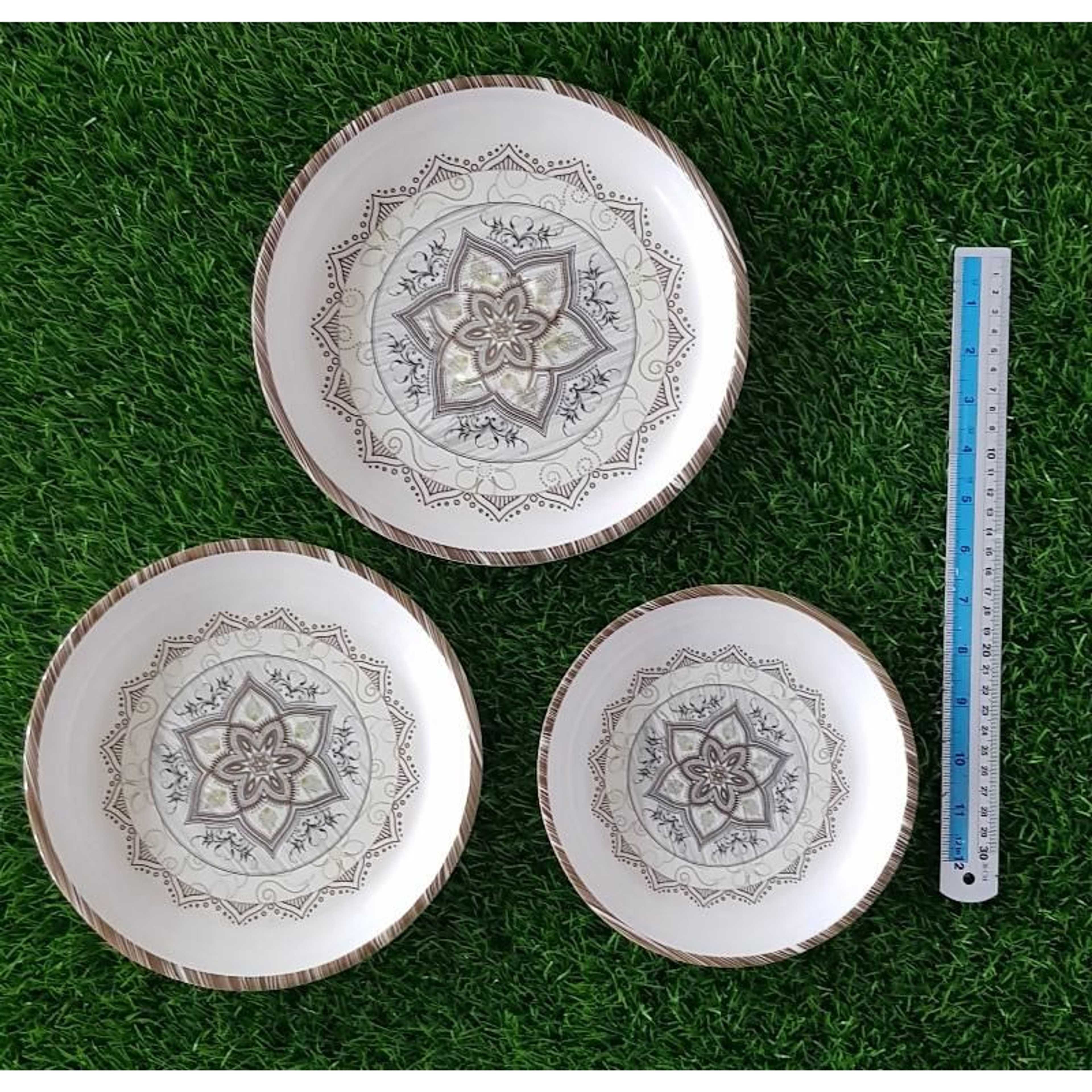 Set Of Three Printed Dinner Plates Double Glazed Melamine Small Medium Large Size