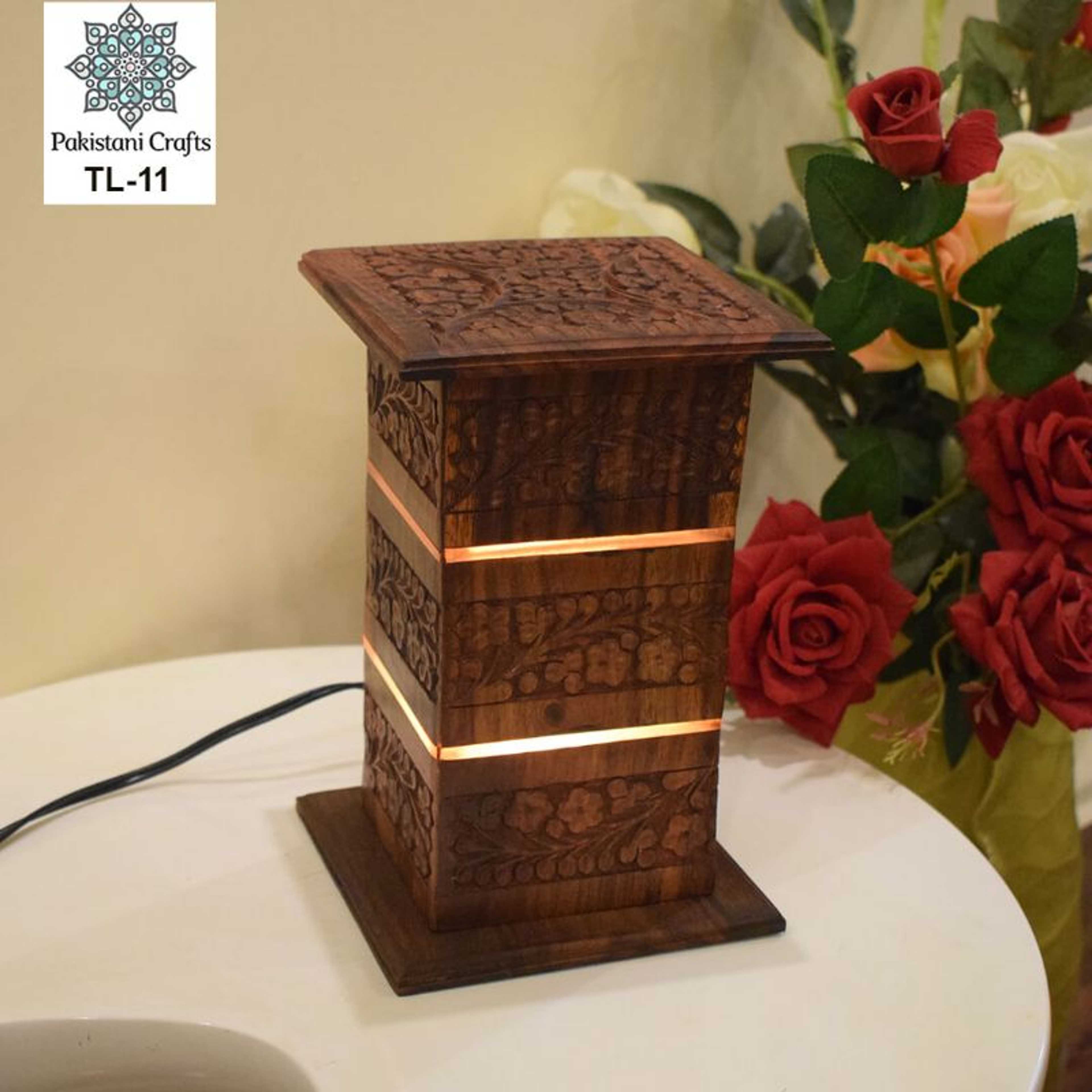 Side Table Wooden Square Lamp With Carving Art Al Around