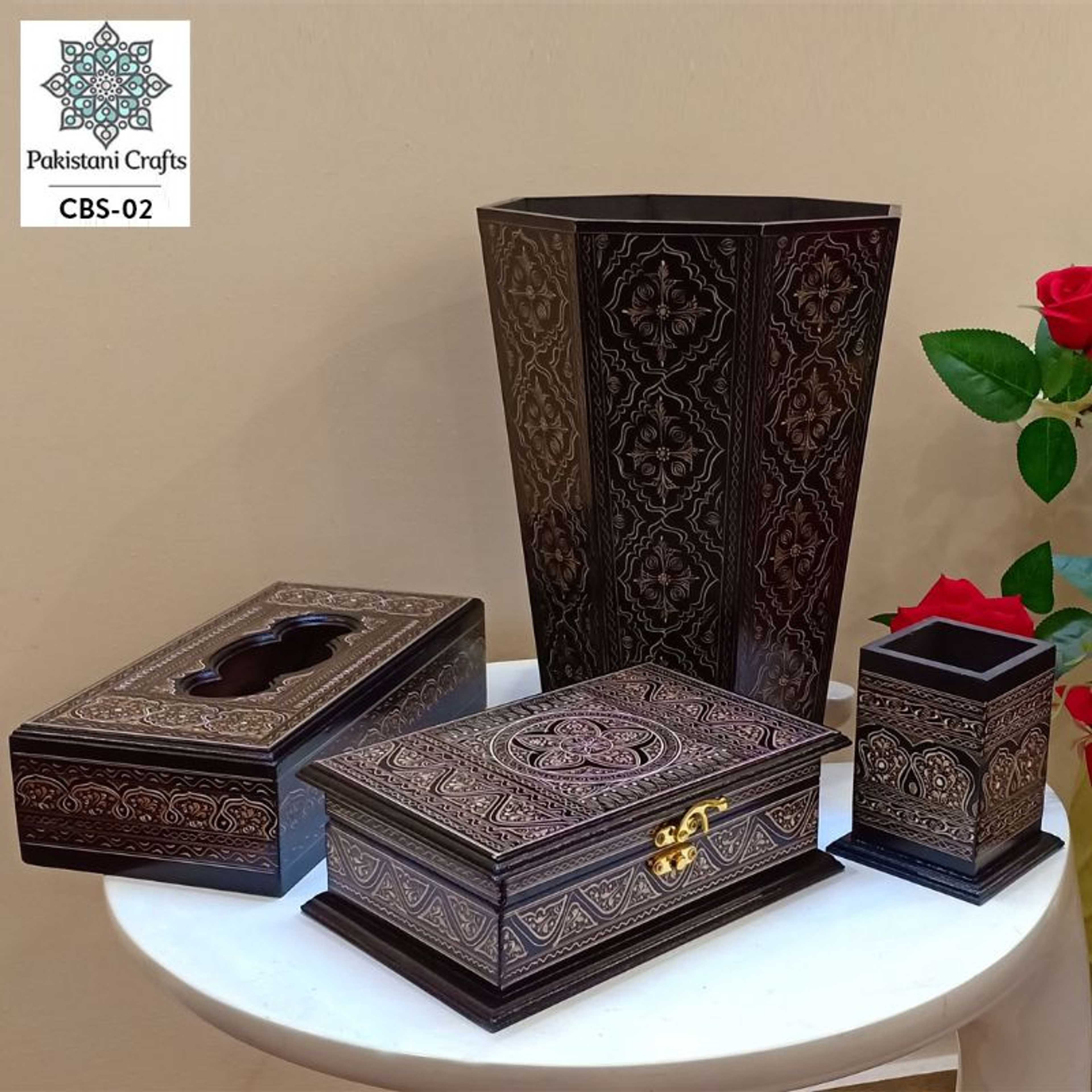 Pakistani Handicrafts Combo Deal Of Dustbin, Tissue Box, Penconsol, Jewellry Bo