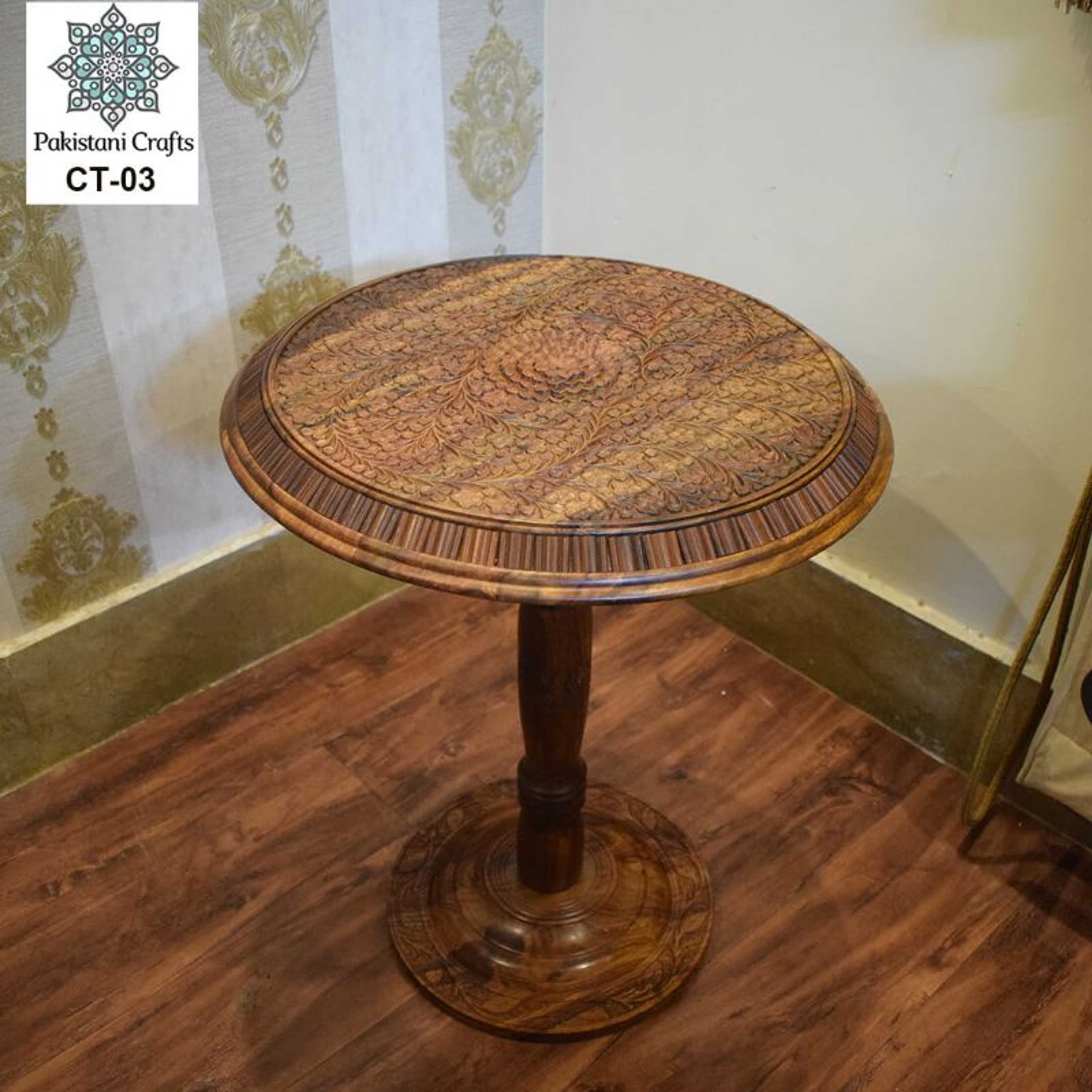 Round Wooden Corner Table With Carving Art