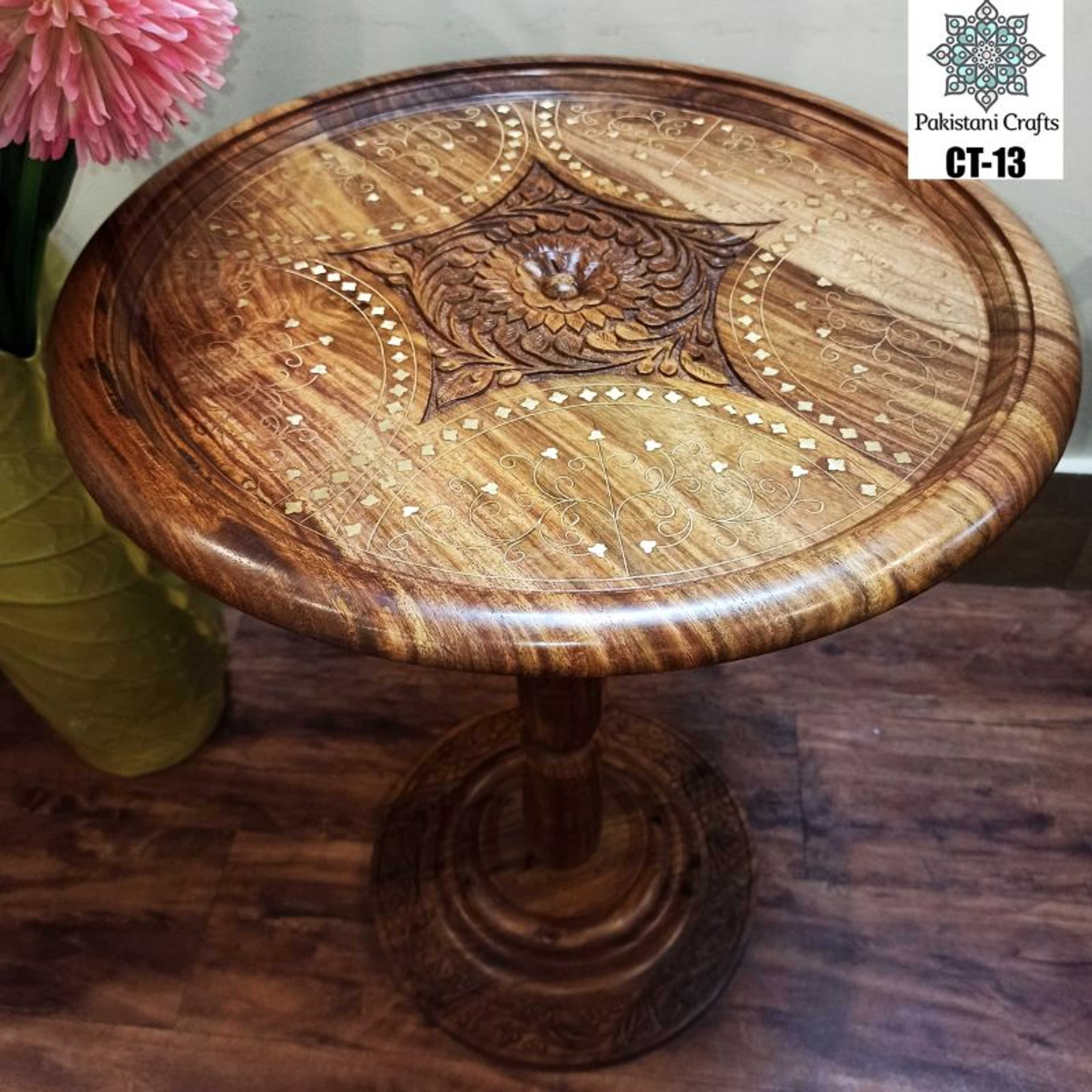 "Round Wooden Corner Table With Carving Art And Brass Work "