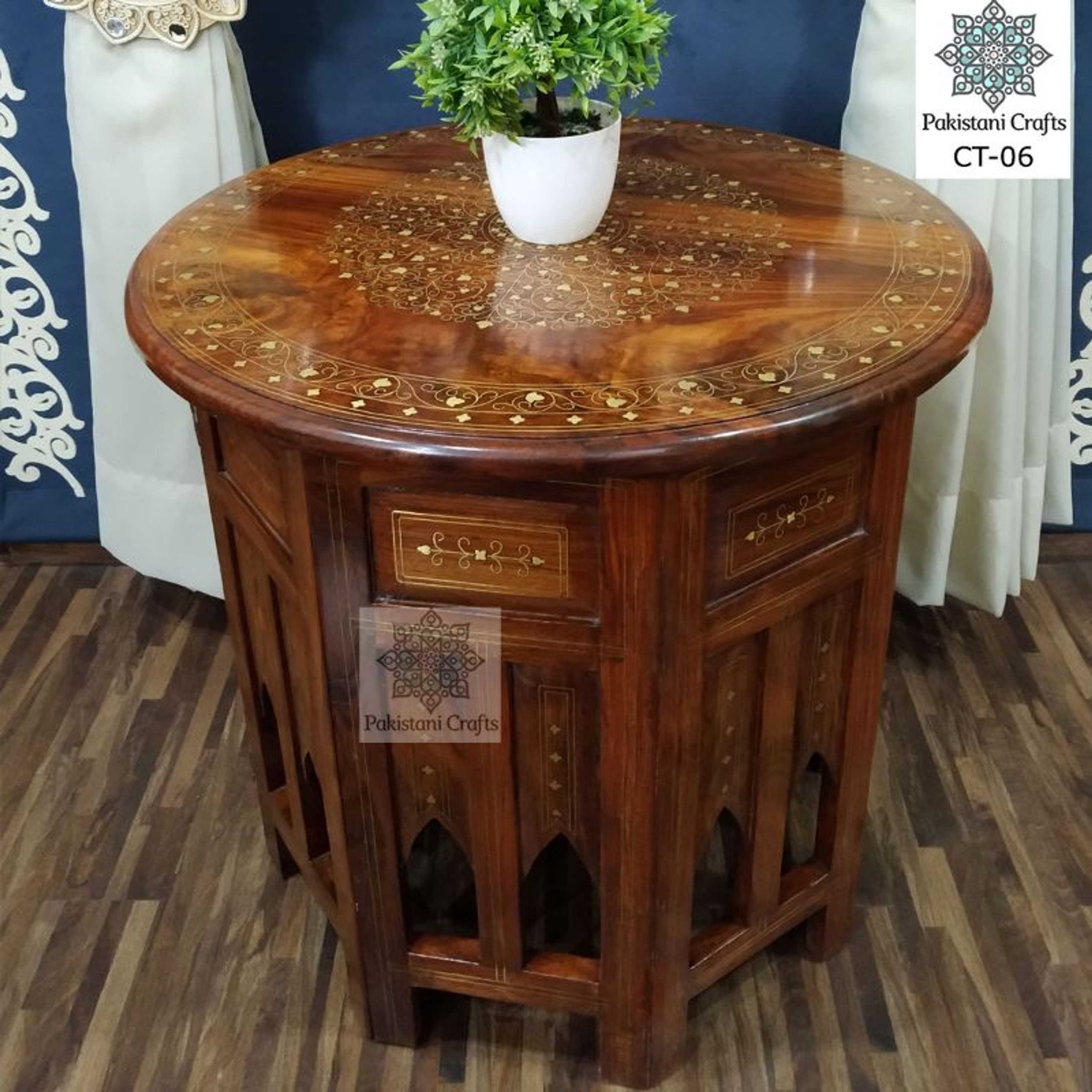 Hand Carved Round Side Table With Brass Inlay Pakistani Sheesham