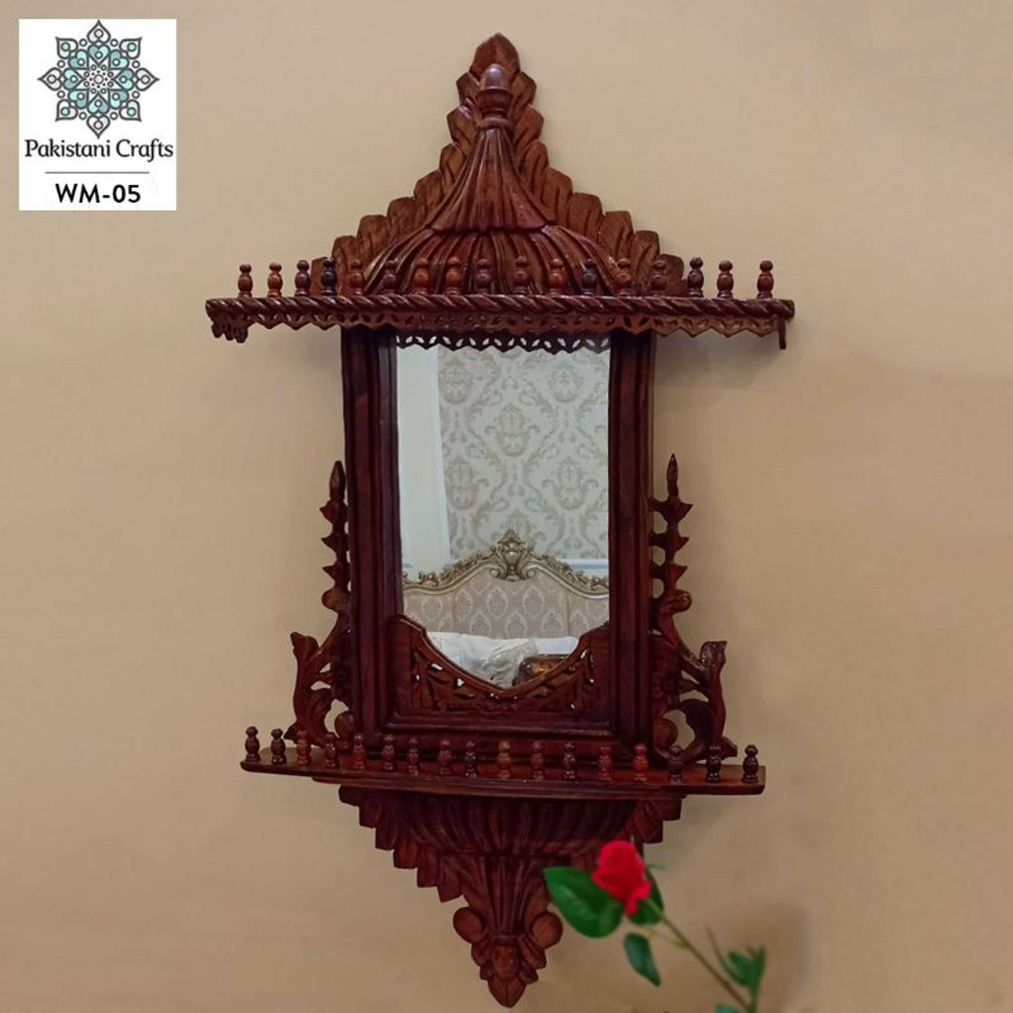 Hand Crafted Wooden Mirror Frame Jharoka For Home