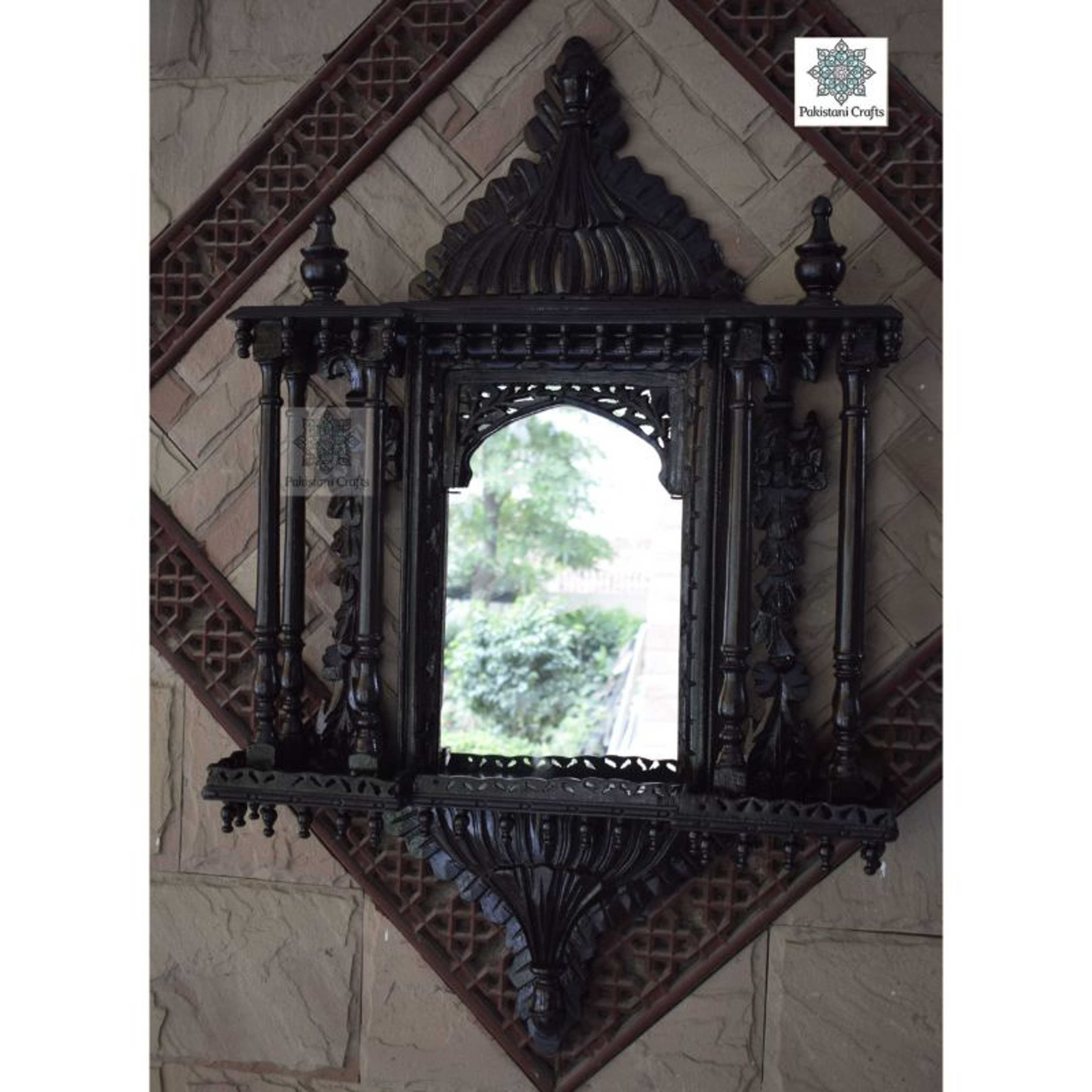 Hand Crafted Wooden Mirror Frame Jharoka For Guest Room