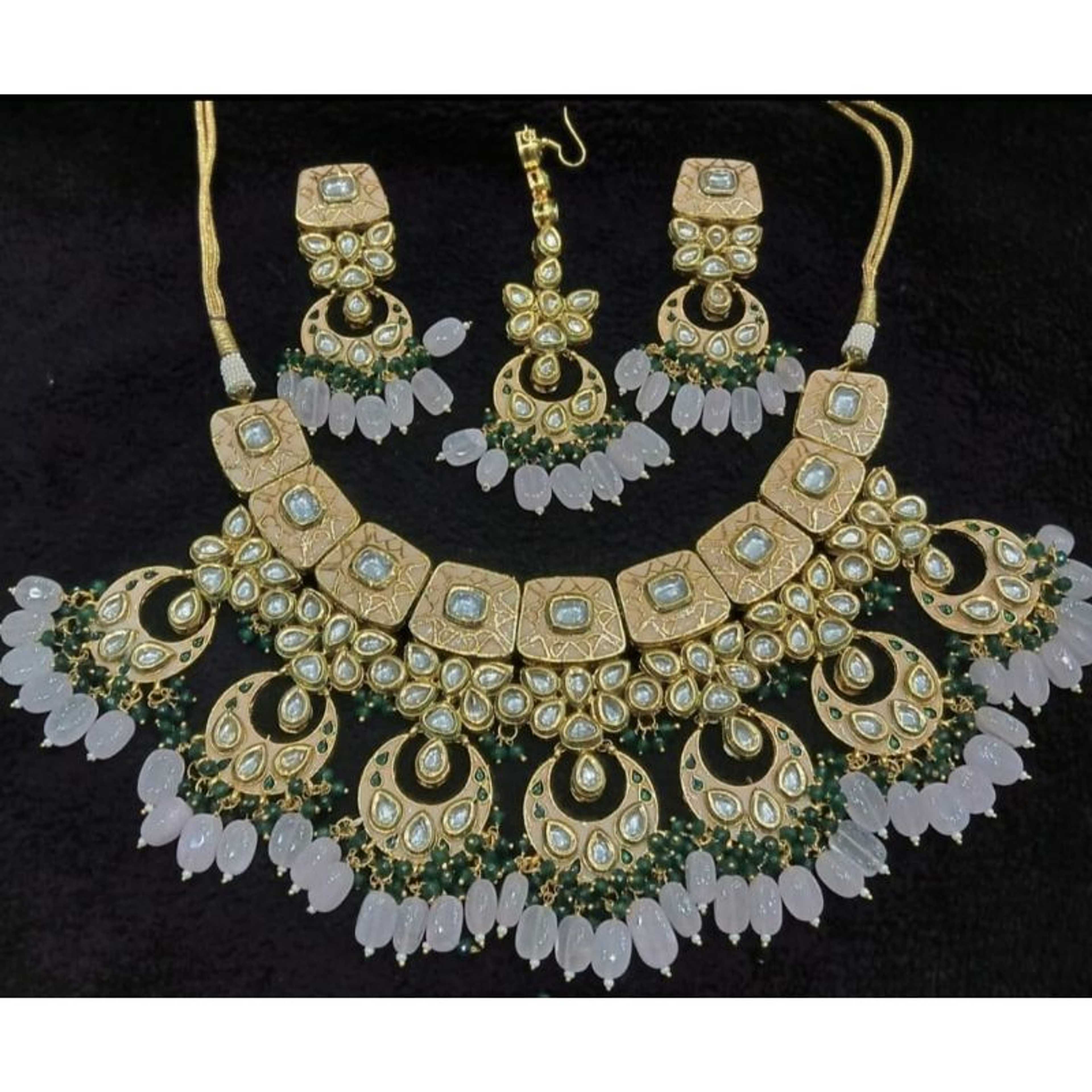 Green Color Bridal Kundan Set with White Beads