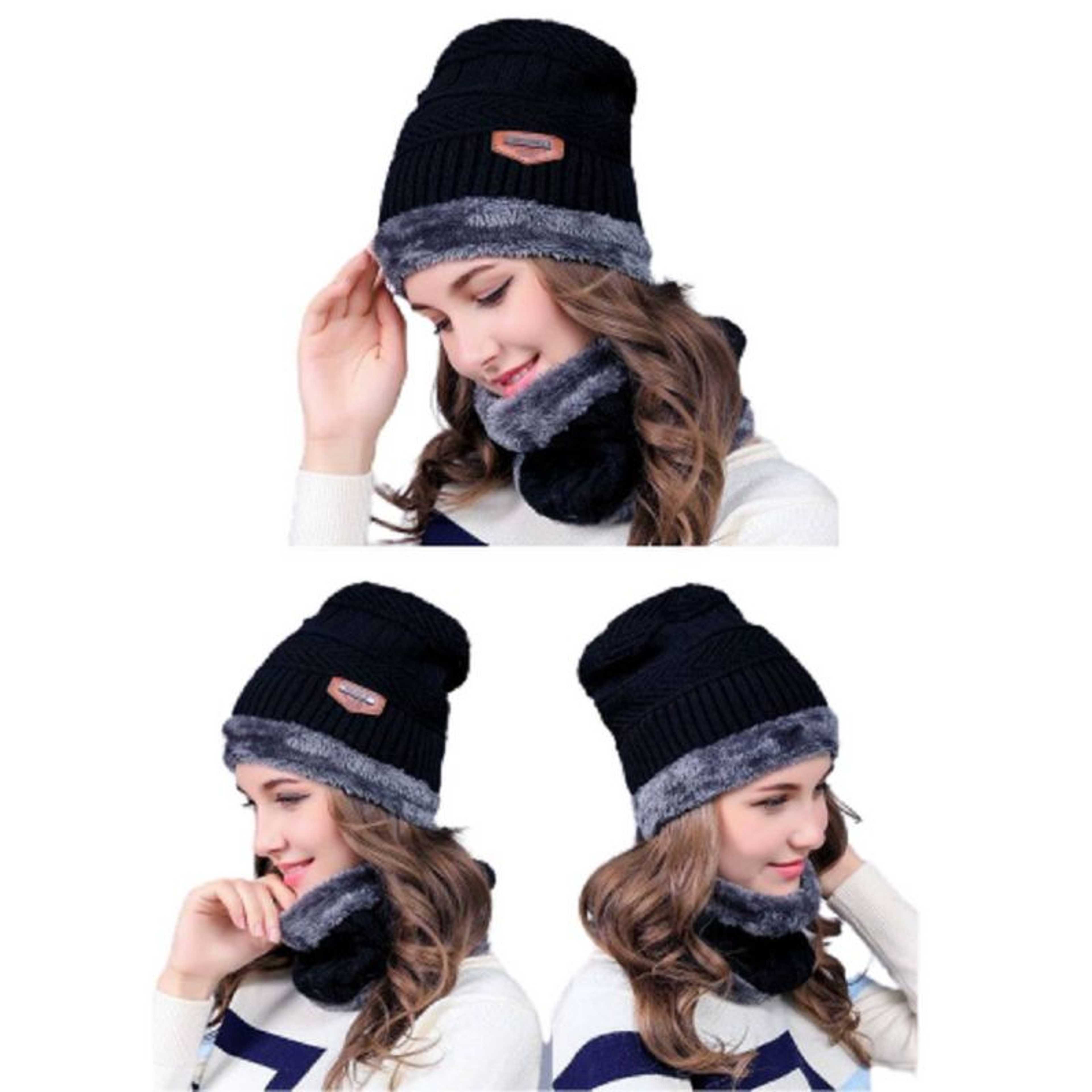 2-Pieces Winter Beanie Hat Scarf Set Warm Knit Hat Thick Fleece Lined Winter Cap Scarves for Men Women