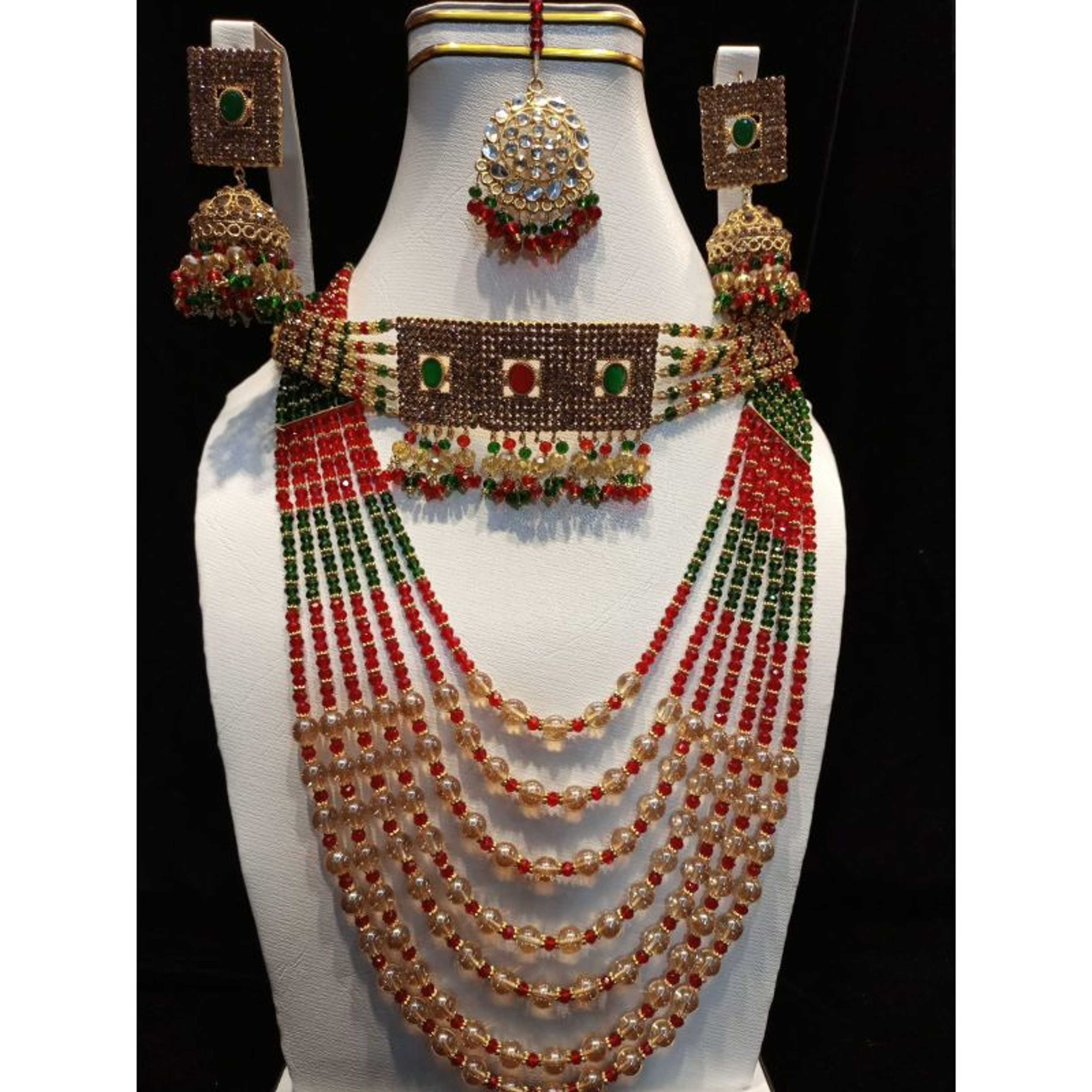 Latest Bridal Set With Green And Red Pearls