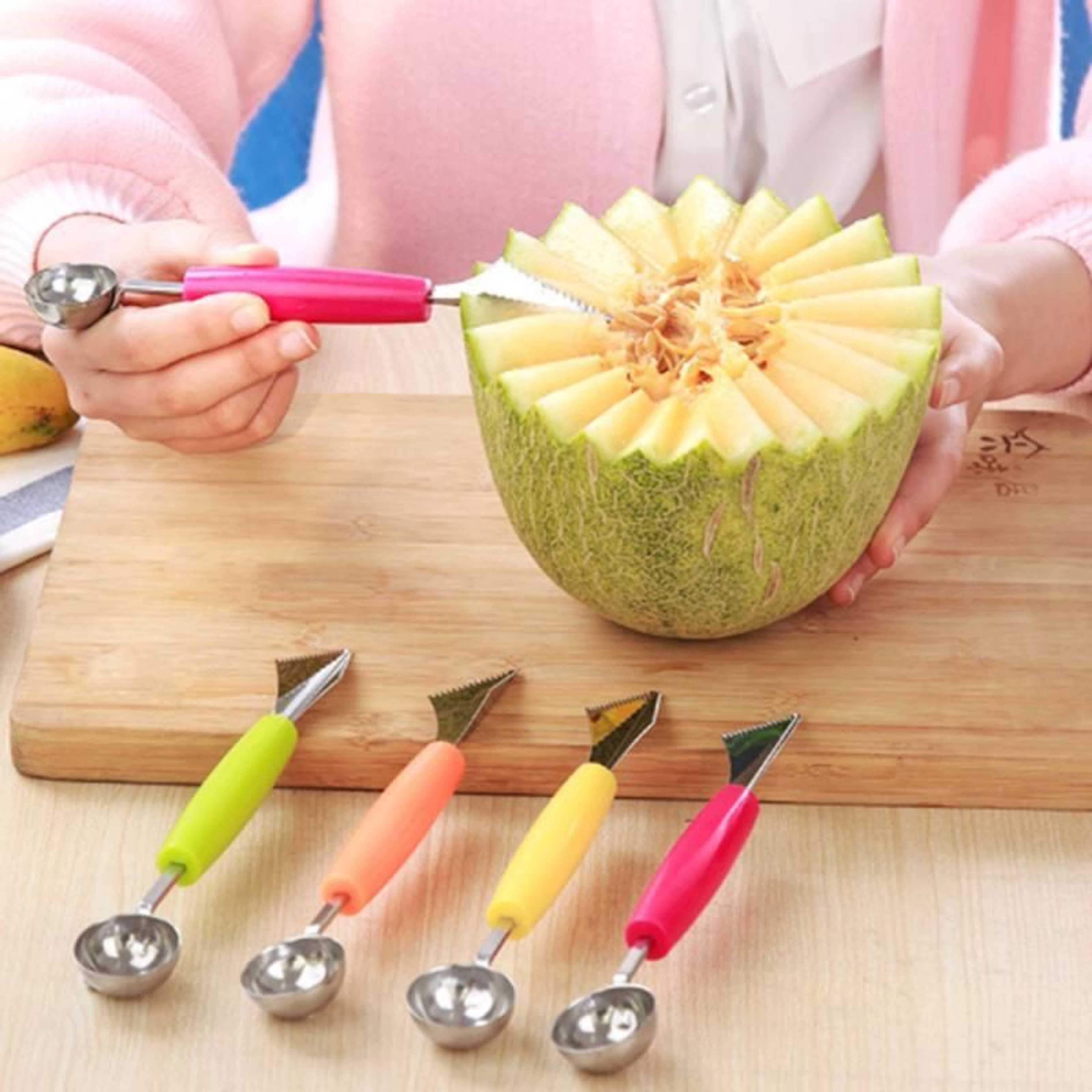 2 in 1 Melon Baller, Stainless Steel Multifunctional Dig Scoop with Fruit Carving Knife, for DIY Fruit Salads, Garnishes and Desserts, Cake, Ice Cream Scooper