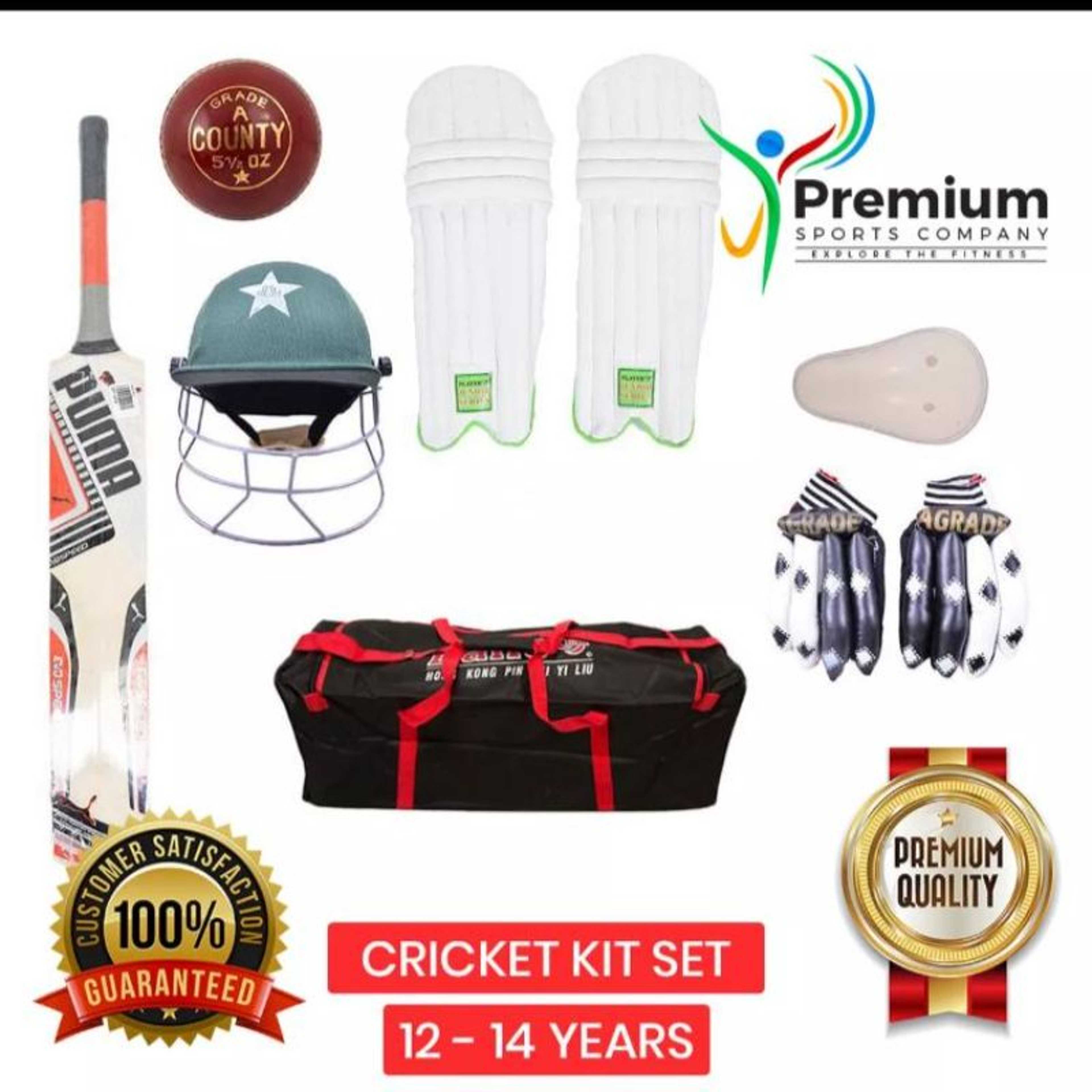 Pack of 7 Cricket Kit Set For 12 - 14 Years Juniors (1 x Hard Bat 1 x Hard Ball 1 x Pair of Gloves 1 x Cricket Kit Bag 1 x Helmet 1 x Under Guard 1 x Pair of Junior Leg Pads) - MultiColor